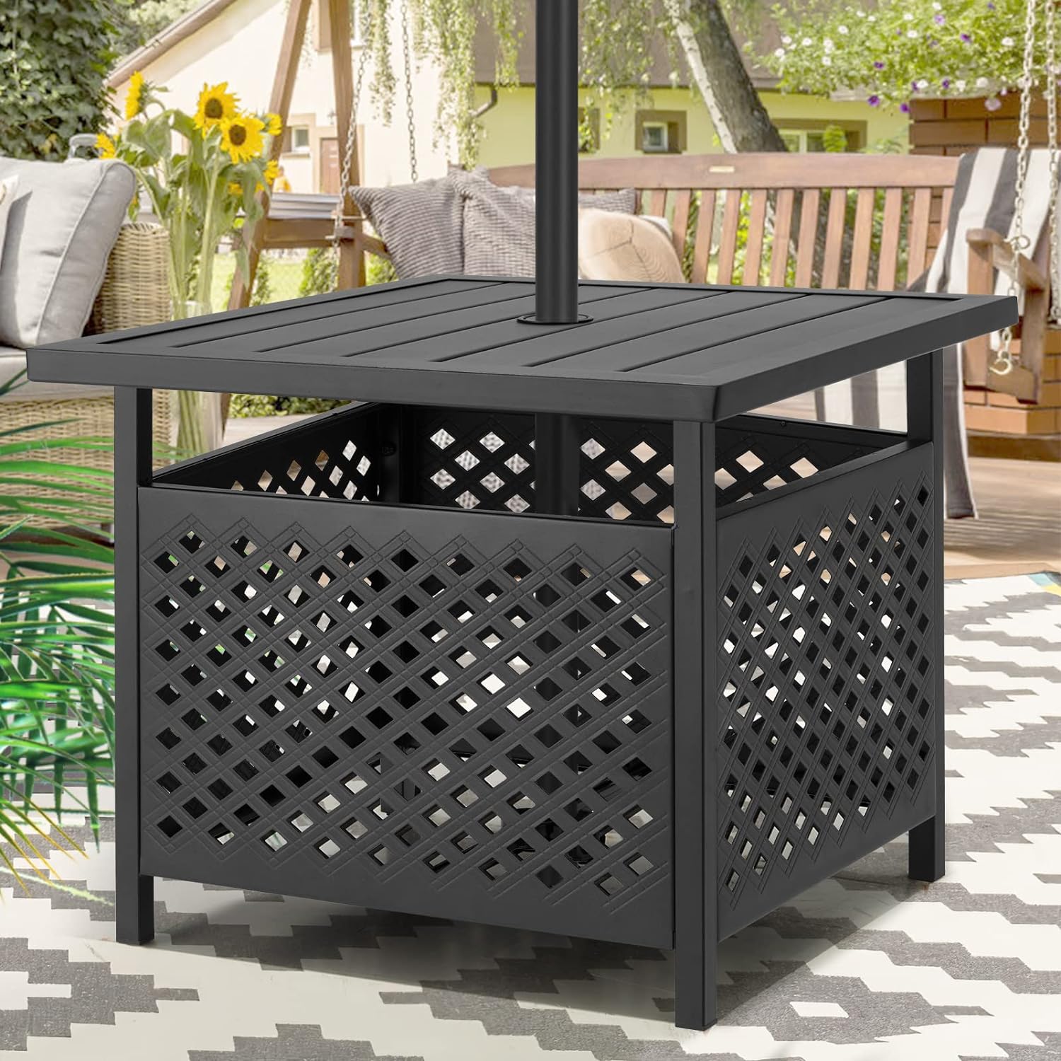 AECOJOY Outdoor Side Table with Umbrella Hole (1.58), Small Umbrella Table with Hole for Patio, Metal Patio Table with Umbrella Hole