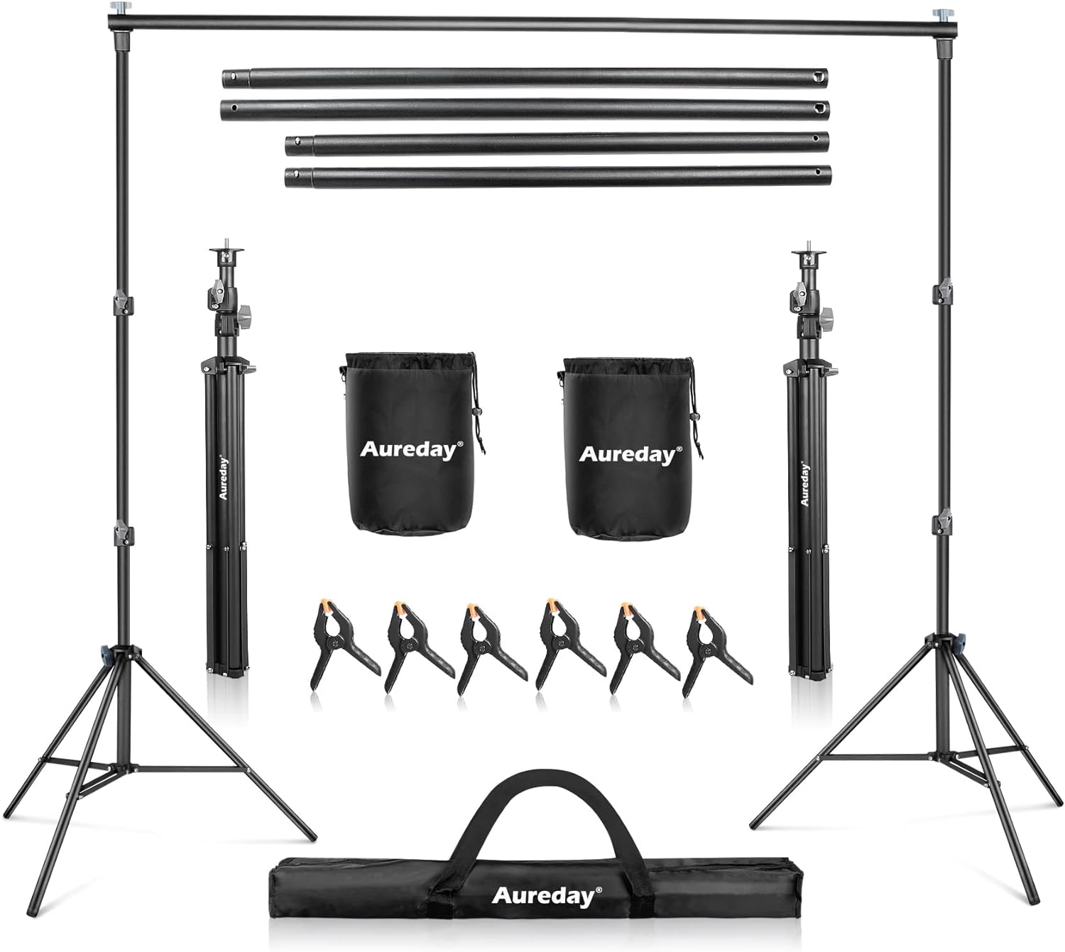 Aureday Backdrop Stand, 10x7Ft Adjustable Photo Backdrop Stand Kit with 4 Crossbars, 6 Background Clamps, 2 Sandbags, and Carrying Bag for Parties/Wedding/Photography/Festival Decoration