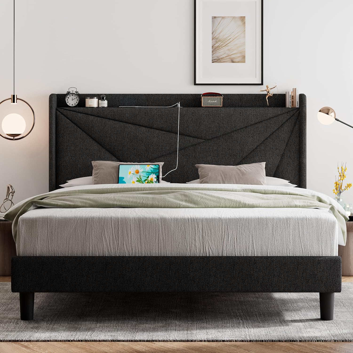 Feonase King Size Bed Frame with Type-C & USB Ports, Upholstered Platform Bed Frame with Wingback Storage Headboard, Solid Wood Slats Support, No Box Spring Needed, Noise-Free, Charcoal Gray