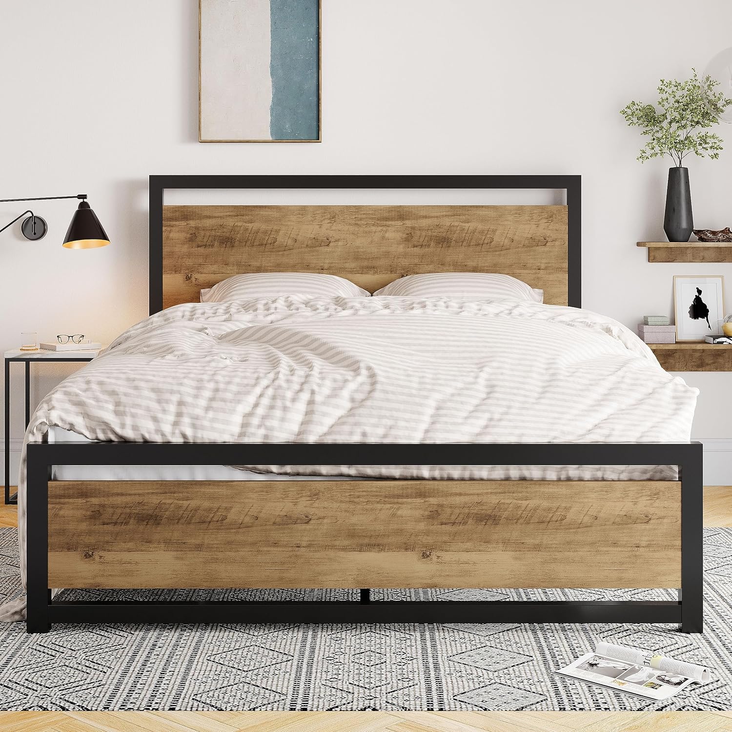 Allewie Queen Bed Frame with Headboard, Heavy Duty Metal Platform Bed Frame with Strong Support, Under Bed Storage, Stable Mattress Foundation, No Box Spring Needed, Brown