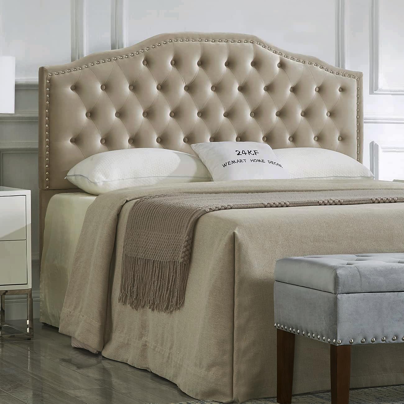 24KF Upholstered Button Tufted Headboard with Nailhead Trim, Soft Velvet Fabric Headboard Queen/Full,Taupe