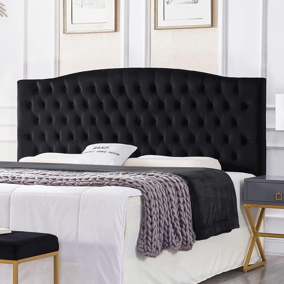 24KF Velvet Upholstered Tufted Button King Headboard and Comfortable Fashional Padded King/California King Size headboard- Black