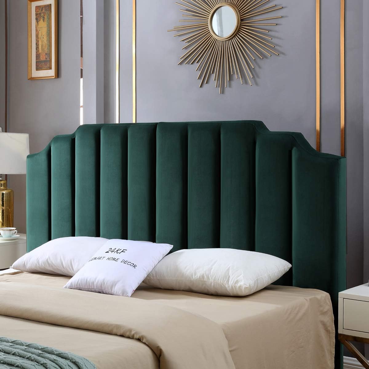 24KF Modern Velvet Upholstered King/Cal King Headboard, Tufted Headboard for King/Cal King Bed, Modern Vertical Channel Design with Curved Tufted King Head Board-Jade