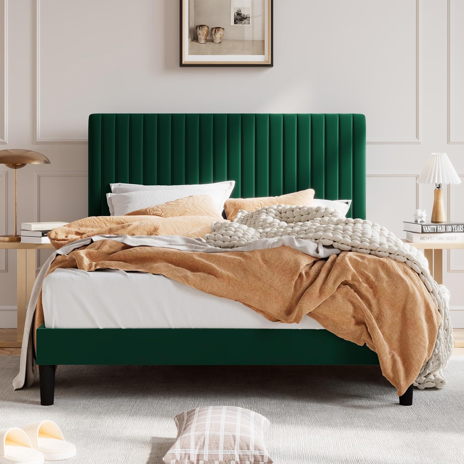 SHA CERLIN Full Size Upholstered Platform Bed Frame with Vertical Channel Tufted Velvet Fabric Adjustable Headboard, Wooden Slats Support, Mattress Foundation, Box Spring Optional, Green