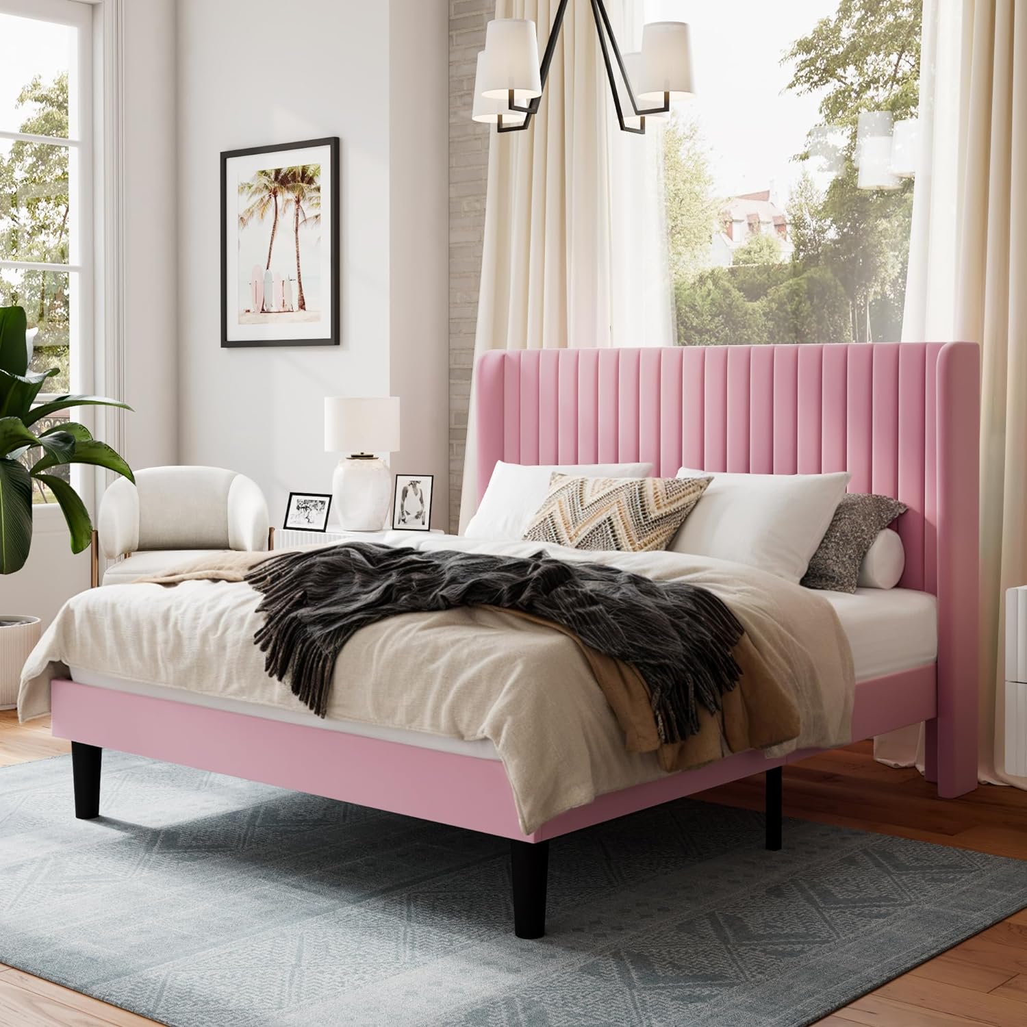 SHA CERLIN Full Size Velvet Bed Frame with Vertical Channel Tufted Wingback Headboard, Upholstered Platform Bed with Wood Slats, No Box Spring Needed, Easy Assembly, Pink