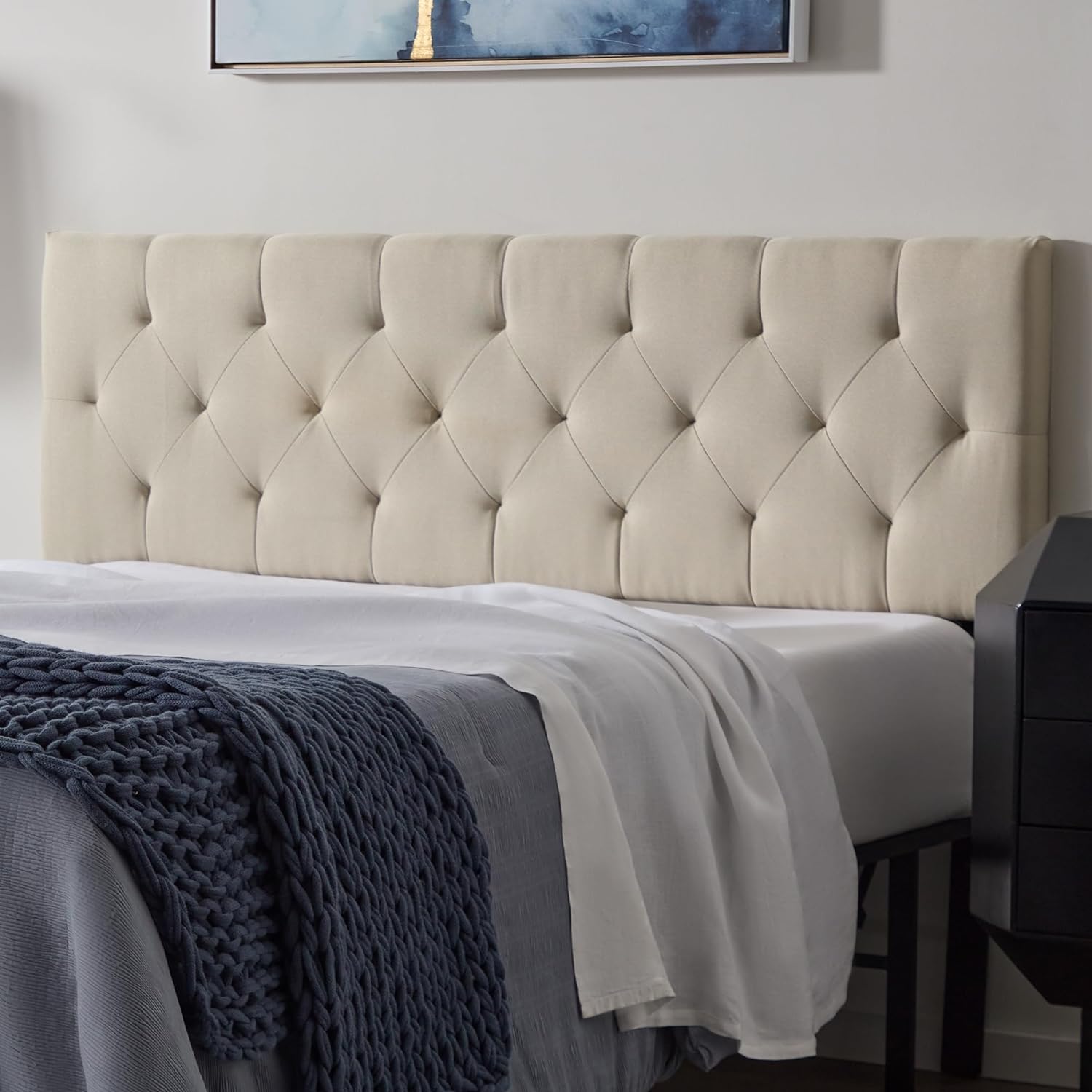 LUCID Mid-Rise Upholstered Headboard - Diamond Tufted - Padded Polyester - Adjustable Height from 34 to 46 - Easy Assembly - Bed Frame or Wall Mount - Sturdy - Pearl - Queen Size