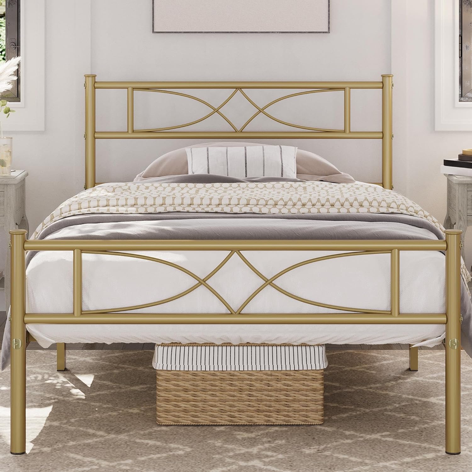 Yaheetech Twin Metal Bed Frame, Platform Bed Frame, Mattress Foundation with Curved Design Headboard & Footboard, Heavy-Duty Support, Easy Assembly, Twin, Antique Gold