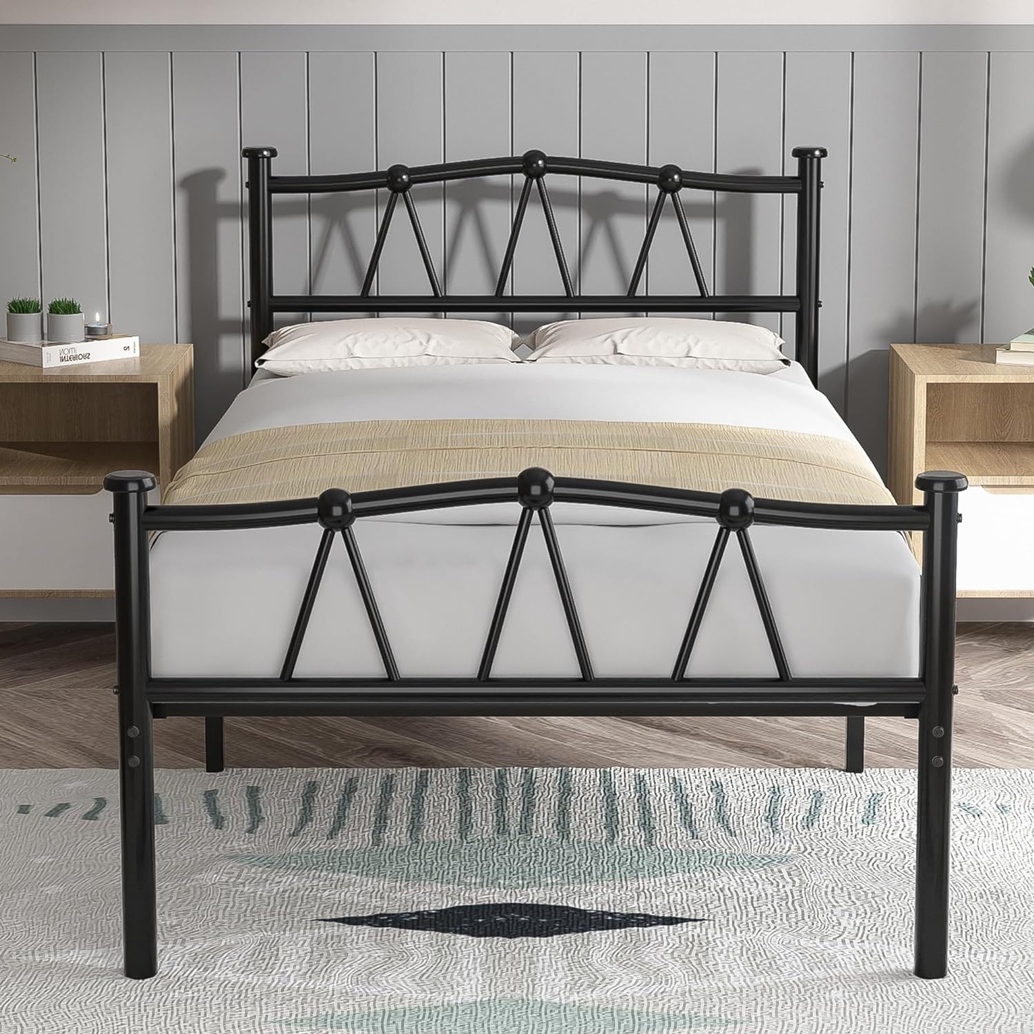 VECELO Twin Metal Platform Bed Frame with M Shape Headboard/Mattress Foundation/No Box Spring Needed