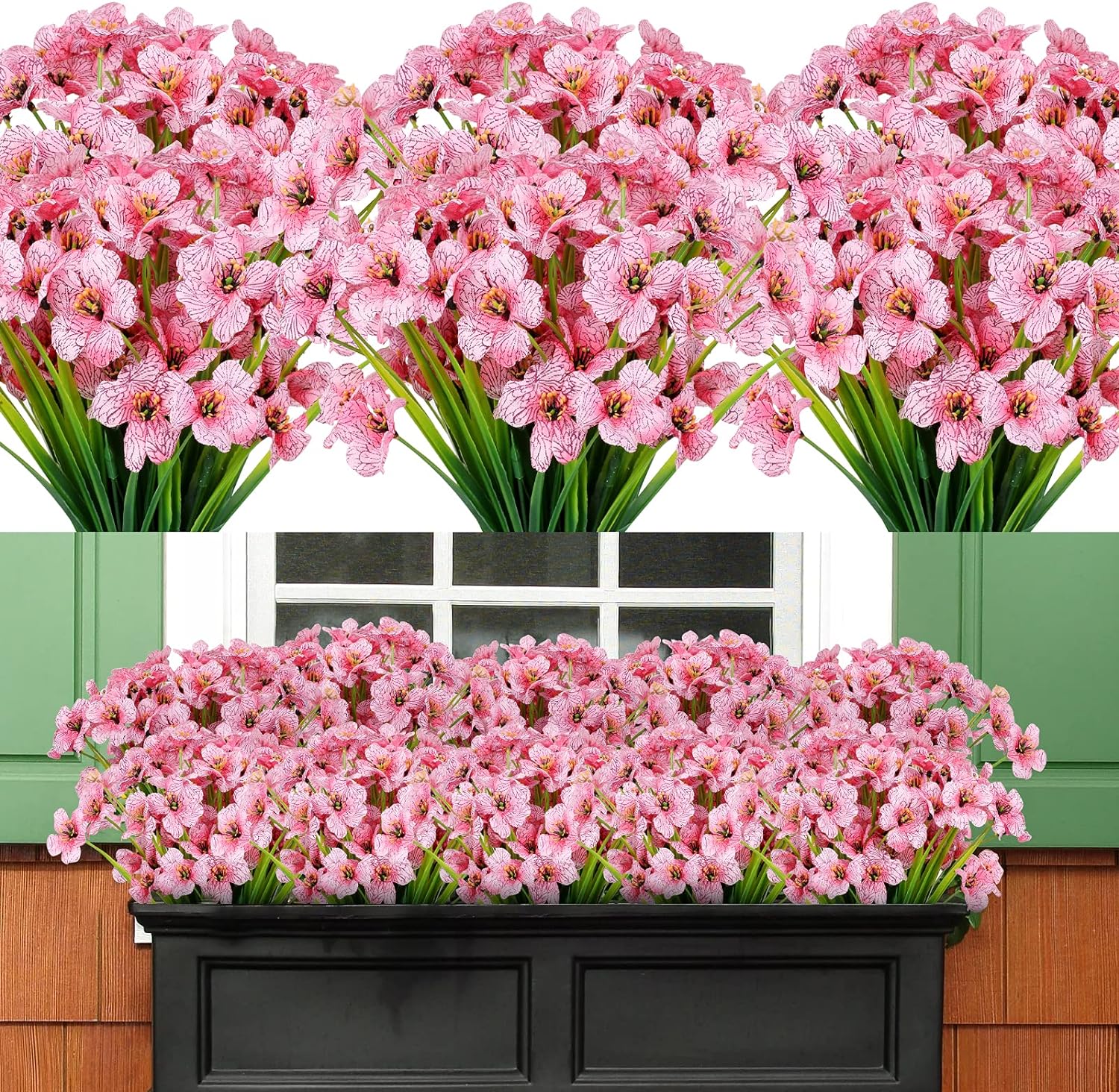 AmyHomie 20 Bundles Artificial Flowers Outdoor UV Resistant Faux Flowers No Fade Fake Plastic Plants Garden Porch Window Box Decorating (Pink)