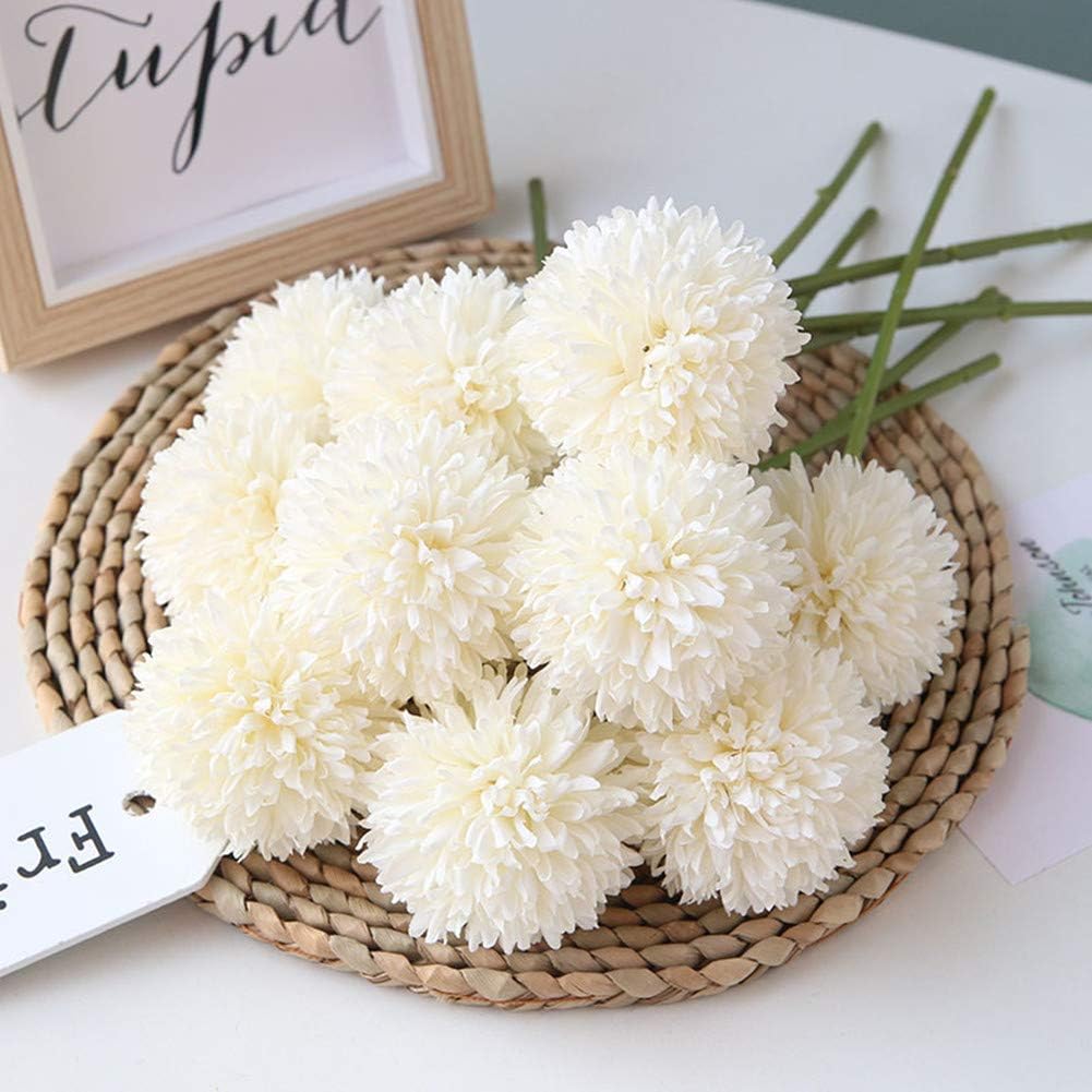 Artificial Flowers Chrysanthemum Ball Flowers Bouquet 10pcs Present for Important People Glorious Moral for Home Office Coffee House Parties and Wedding(Milk White)