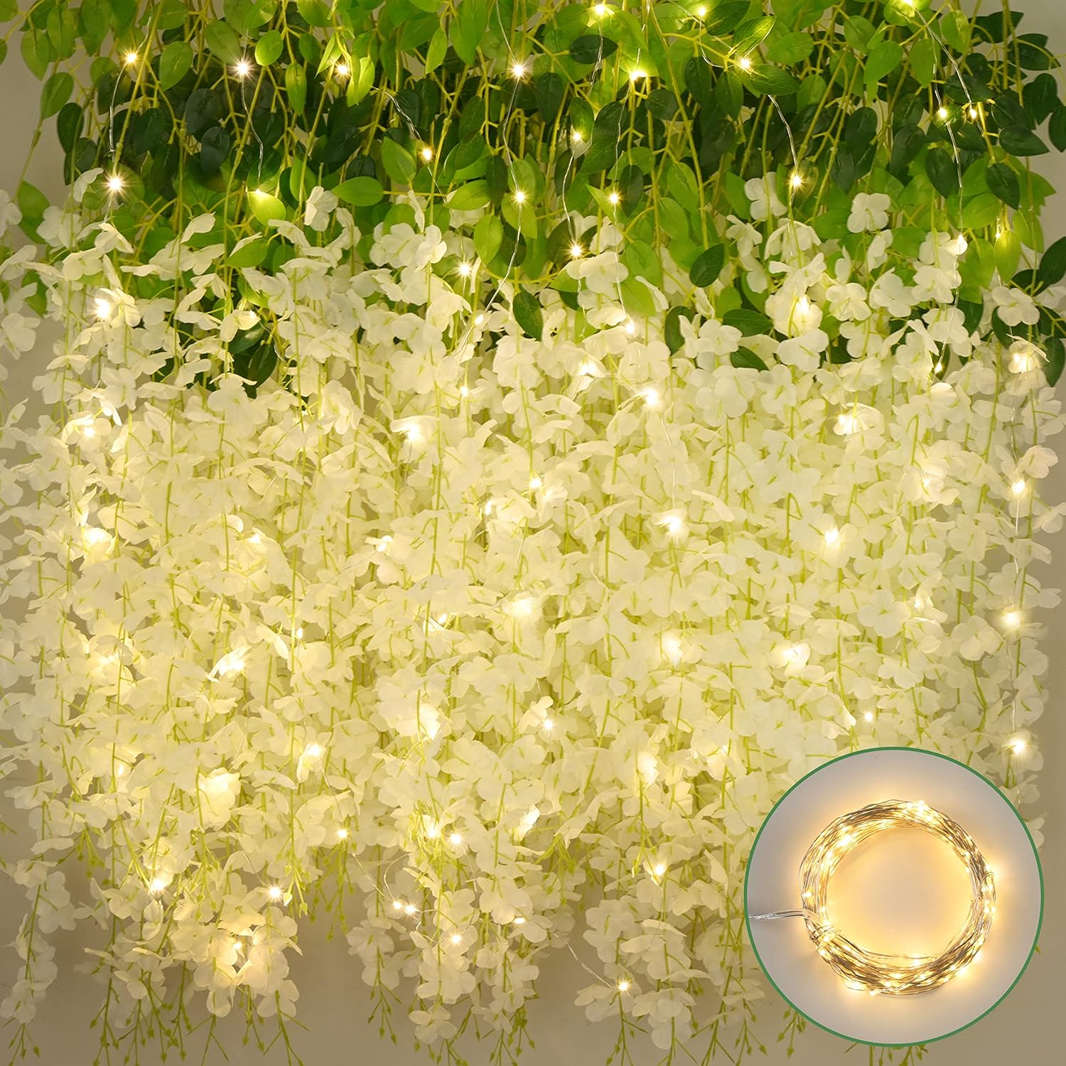 BLEUM CADE 10 Pcs White Wisteria Hanging Flowers with Lights, 3.6Ft/Pcs Fake Wisteria Flowers, Artificial Hanging Wisteria Garland for Wedding Party Home Backdrop Wall Decorations