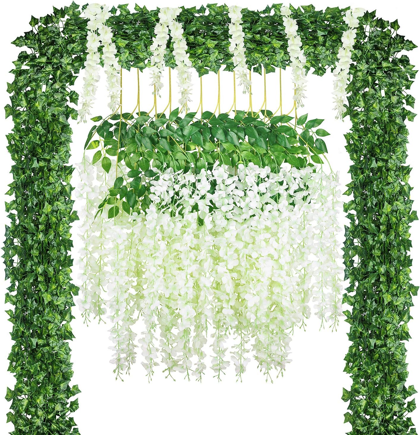 GPARK 24Pack/Each 82 Artificial Ivy Garland Fake Leaf Plants Vine with 12Pack 45 Artificial Wisteria for Wedding Party Home Garden Kitchen Office Outdoor Greenery Wall Dcor