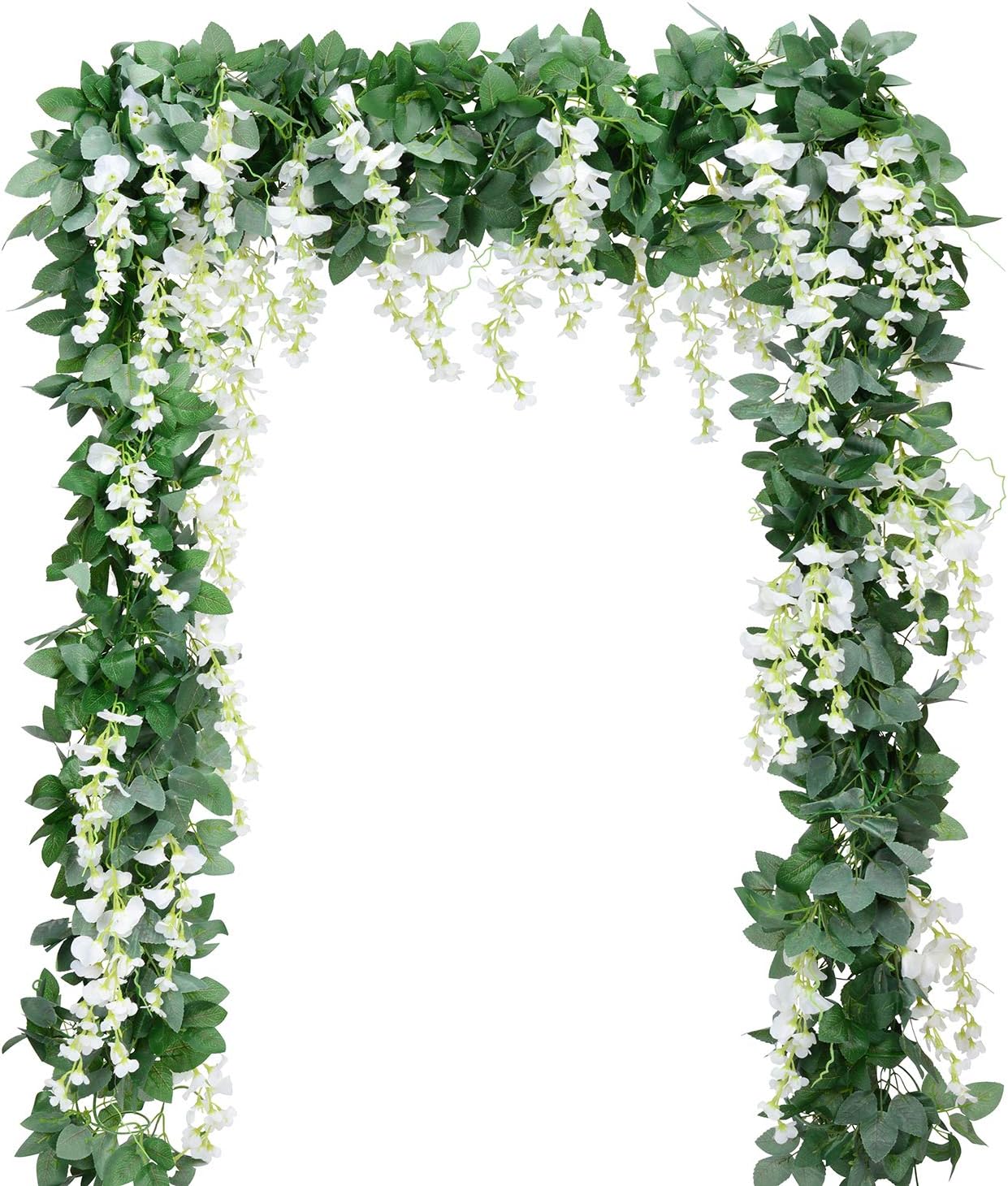 Artificial Flowers Silk Wisteria Vine 5pcs 6.6ft/Piece Wisteria Artificial Plants Greenery Fake Hanging Vines Green Leaf Garland for Wedding Kitchen Home Party Decor (White)