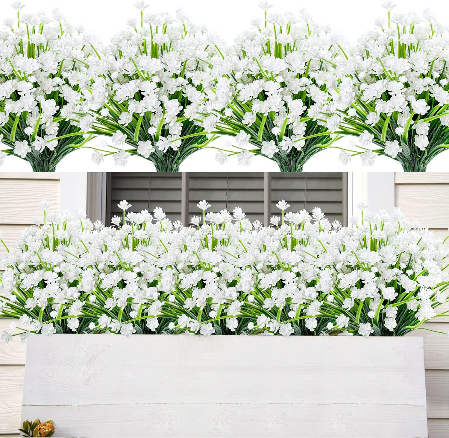 AmyHomie 20 Bundles Artificial Flowers Outdoor UV Resistant Faux Flowers No Fade Fake Plastic Plants Garden Porch Window Box Decorating (Pure White)