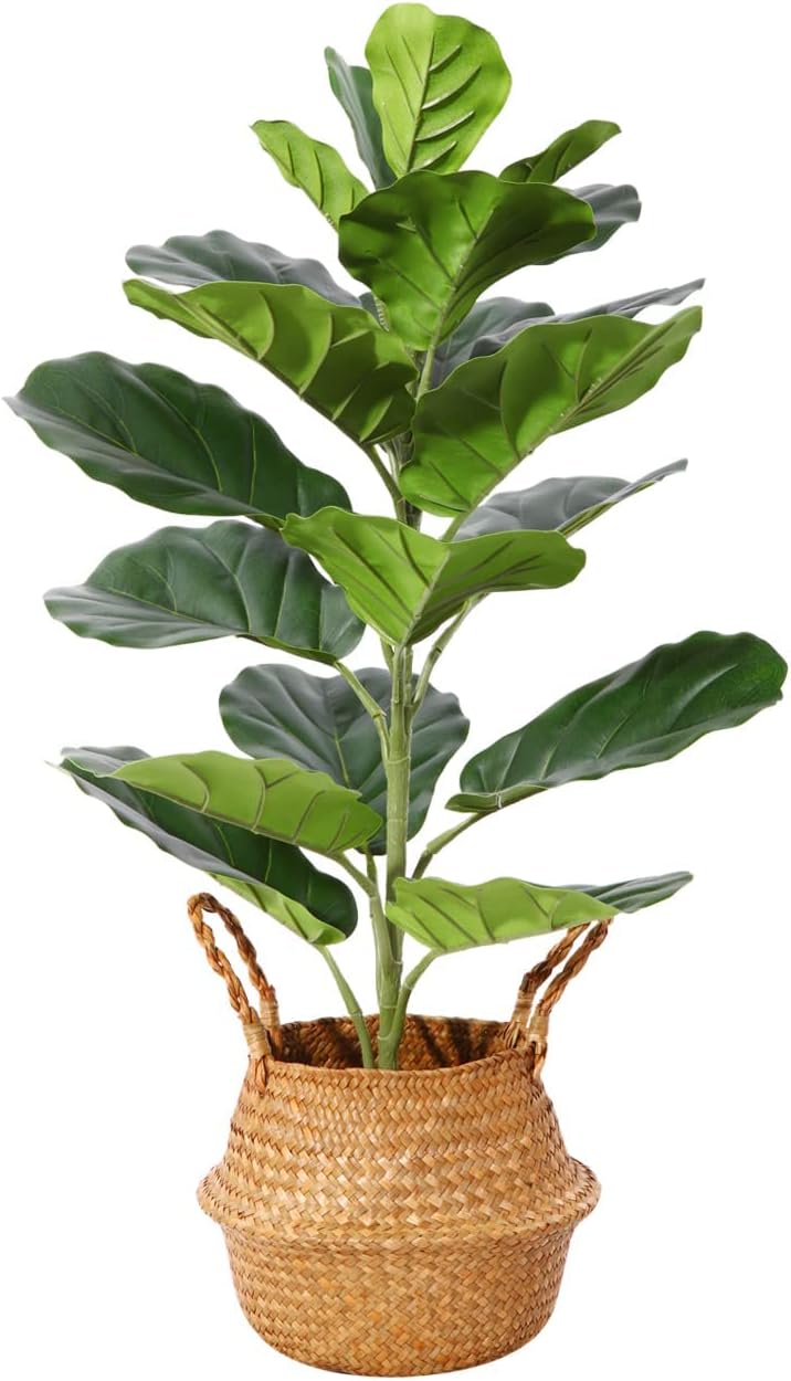 Ferrgoal Artificial Plants 30 Inch Fake Fiddle Leaf Fig Tree with 21 Leaves in Pot and Woven Seagrass Basket Perfect Faux Ficus Lyrata Plant for Home Indoor Outdoor Office Modern Decor Green 1Pack