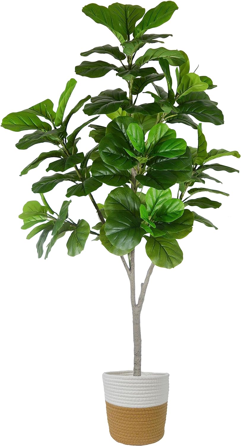 Homeplants Artificial Fiddle Leaf Fig Tree, 6ft Fake Ficus Lyrata Plant with Woven Basket, Perfect Silk Tree for Indoor House Office Home Living Room Floor Dcor