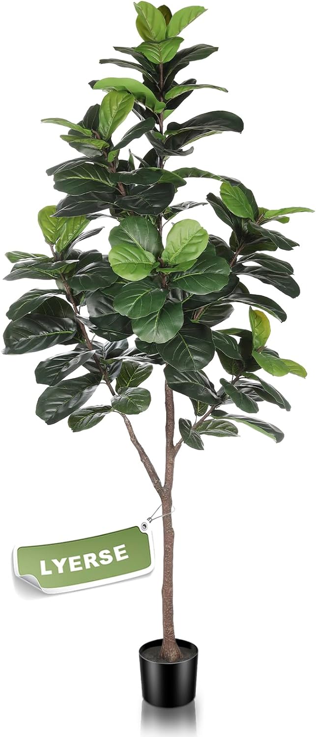 LYERSE Artificial Fiddle Leaf Fig Tree - 6.5ft Faux Ficus Lyrata Plant with 108 Fiddle Leaves Fake Fig Silk Tree in Pot Artificial Tree for Indoor Outdoor House Home Office Perfect Housewarming Gift