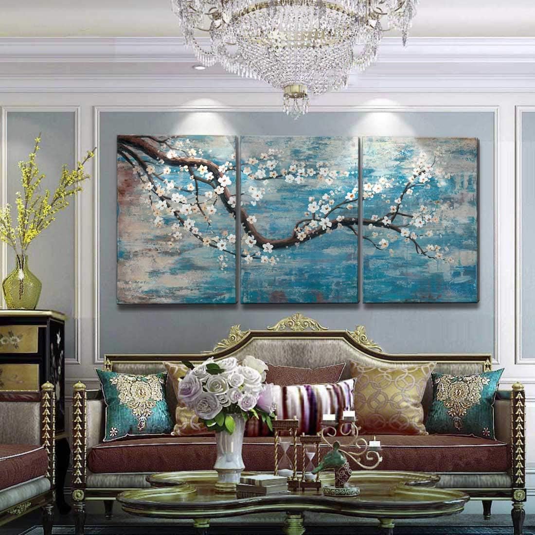 Extra Large Wall Art for Living Room 100% Hand-Painted Framed Decorative Floral Oil Painting Set Decorative Modern Blue Tree Artwork Ready to Hang 72x36