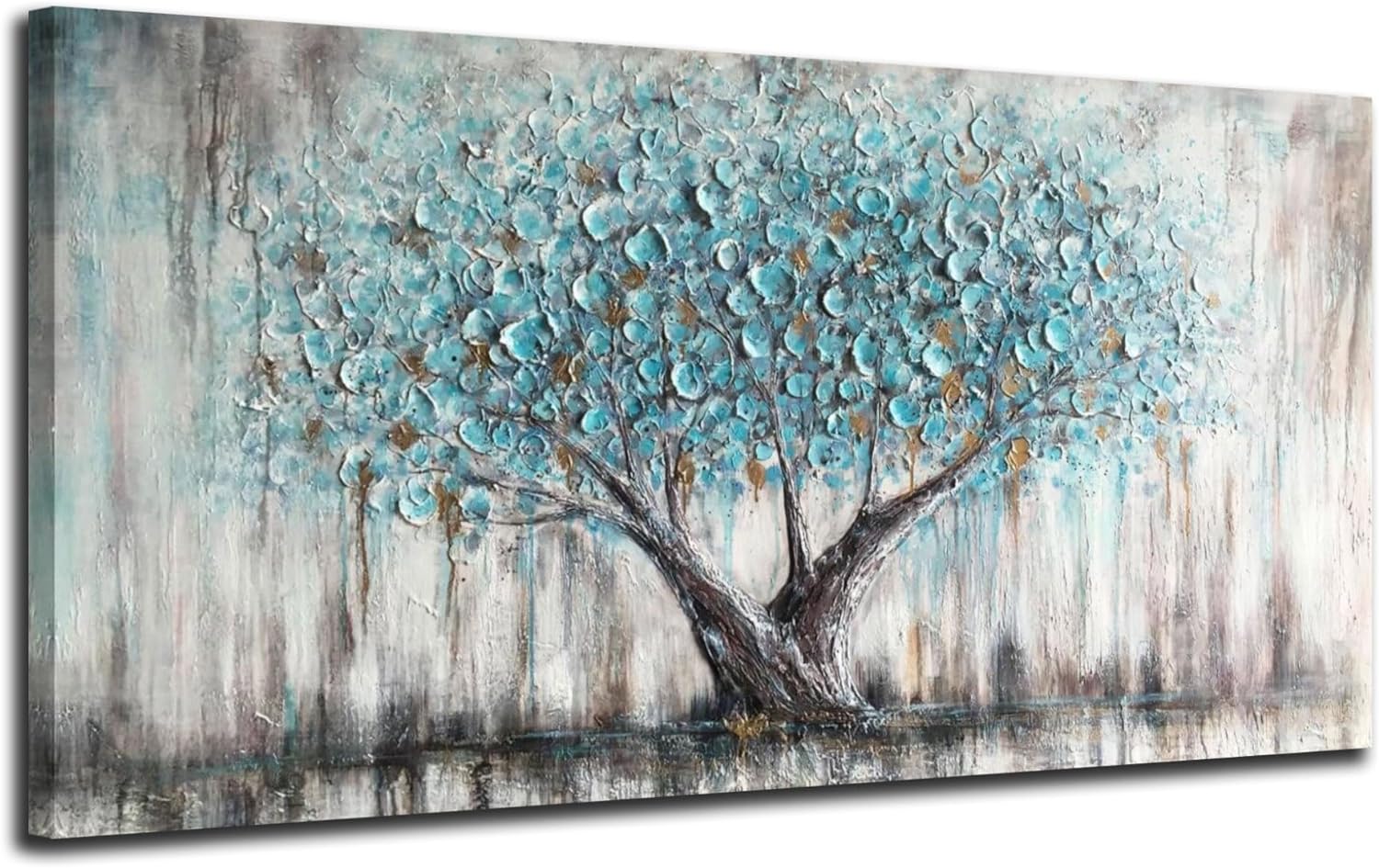 Arjun Tree Wall Art Teal Blue Nature Tree of Life Abstract Canvas Painting Textured Picture, Modern Large Panoramic Landscape Artwork Framed for Living Room Bedroom Bathroom Office Home Decor 40x20