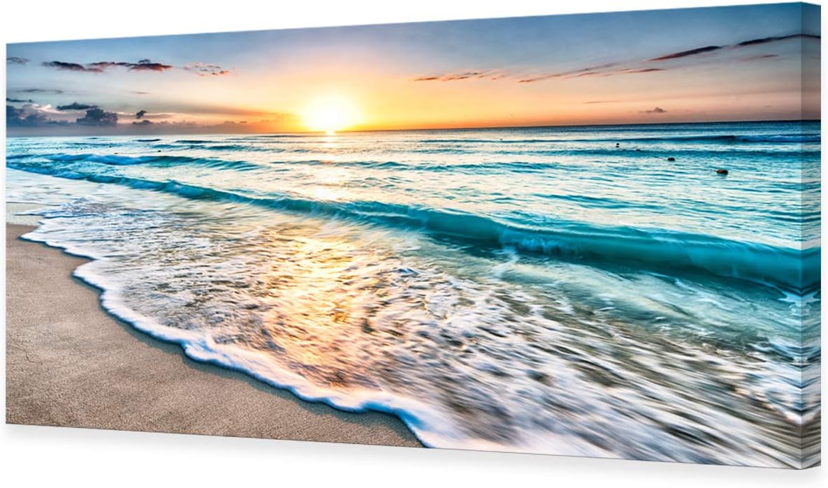 Baisuart S02275 Canvas Prints Wall Art Beach Sunset Ocean Waves Nature Pictures Stretched Pictures to Photo Paintings on Canvas for Home Office Decorations Wall Dcor XXLarge 30x60inch