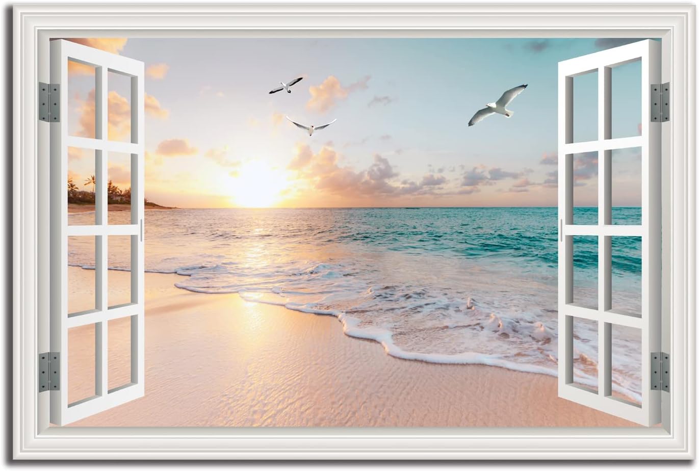 Beach Wall Art Picture for Living Room - Window Frame Style Canvas Wall Decor Ocean Sunset - Blue Sea and White Sand Painting on Canvas for Bedroom Office Home Decoration