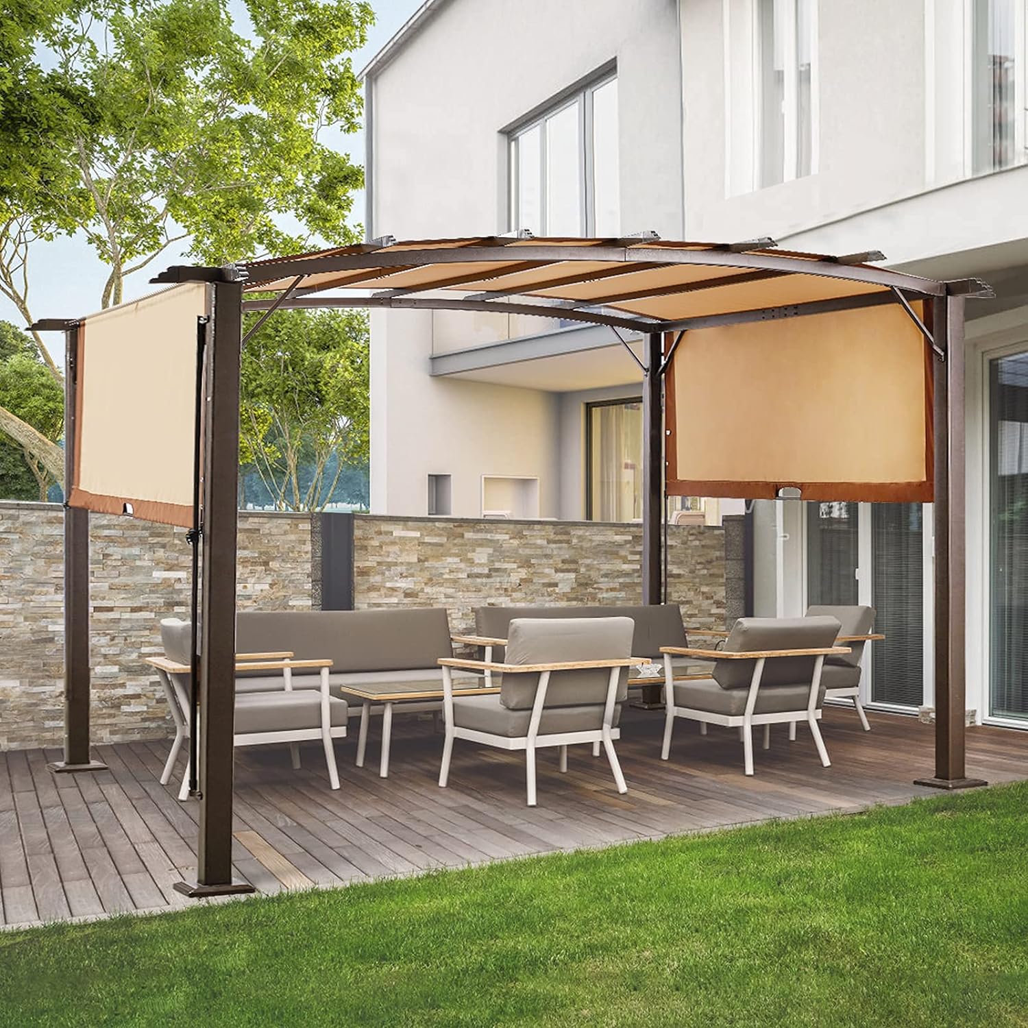 AECOJOY 12 X 9 Outdoor Retractable Pergola Canopy,Metal Frame Grape Gazebo & Canopy Cover, Outdoor Steel Pergola Gazebo with Retractable Canopy Shades, Ideal for BBQ, Party, Beach and More