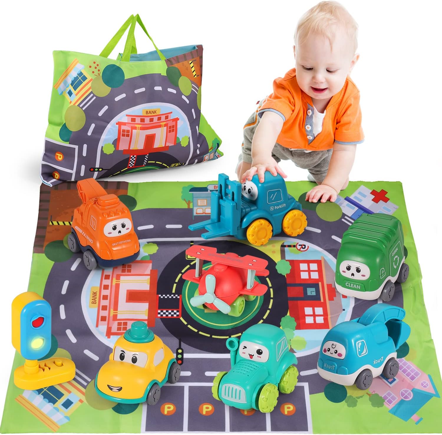 ALASOU 8 PCS Baby Truck Car Toys with Playmat/Storage Bag|1st Birthday Gifts for Toddler Toys Age 1-2|Baby Toys for 1 2 Year Old Boy|1 2 Year Old Boy Birthday Gift for Infant Toddlers