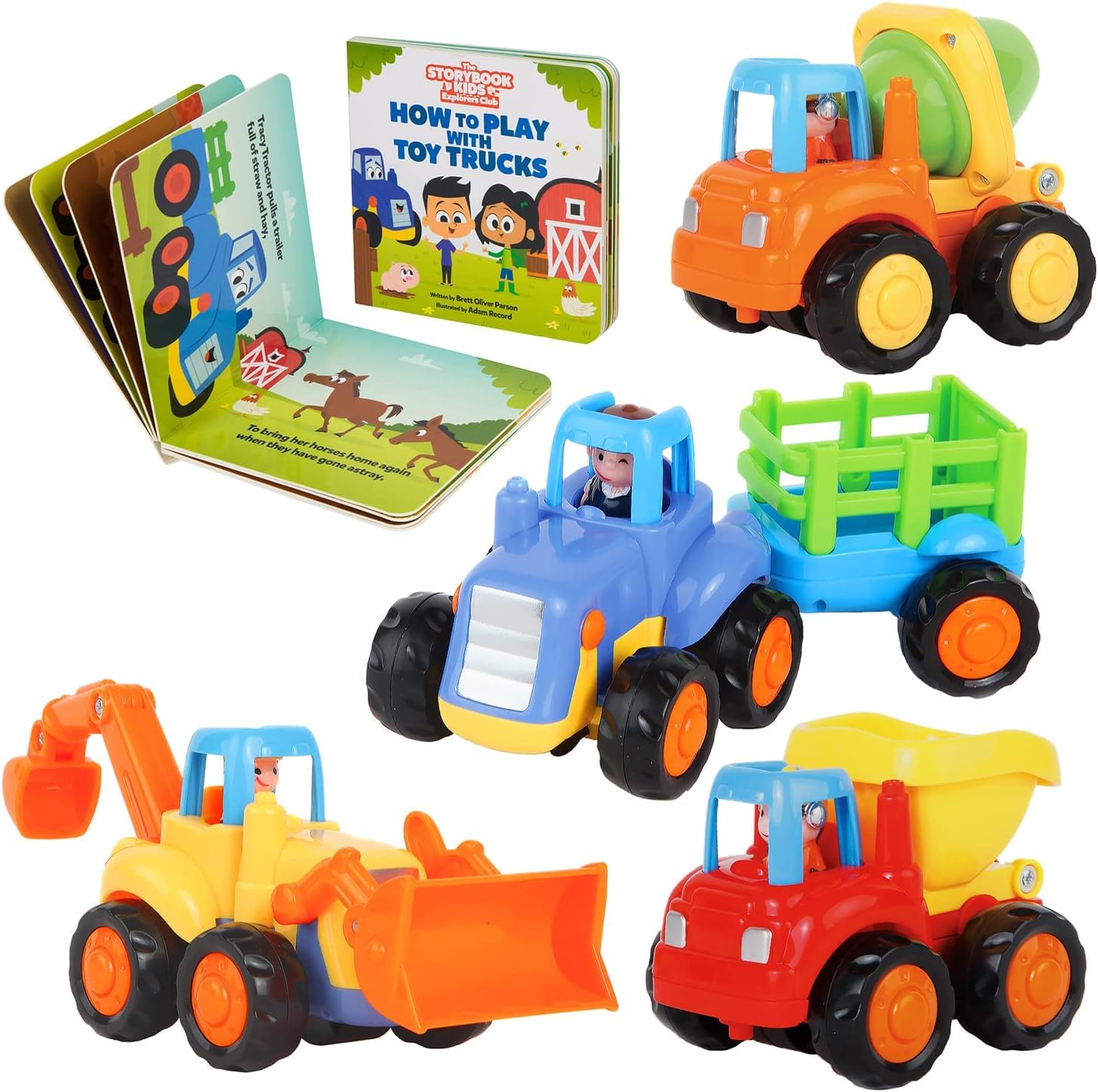 Construction Toy Truck Set for Toddlers Ages 1-4 - Push & Pull Friction Trucks, Matching Book - BPA Free Cars for Boys & Girls