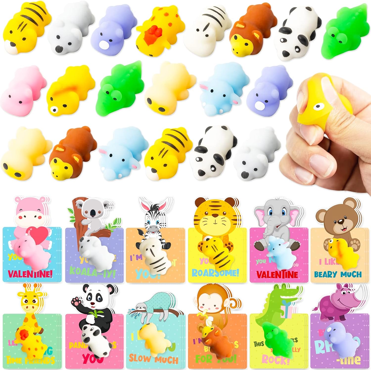 Valentines Day Cards with Squishy Gift for Kids School Classroom 36Pcs Animals Mochi Squishy Toys with Cards for Kids Valentines Party Favors Classroom Exchange Gifts