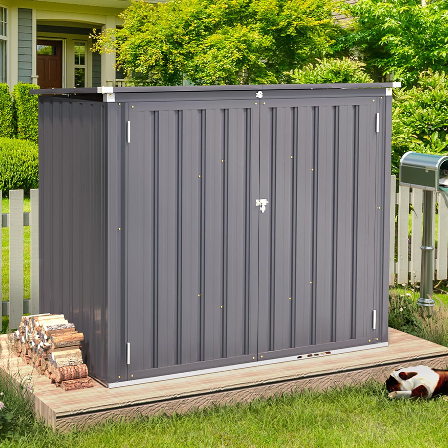 AECOJOY Outdoor Storage Box Sheds, 46 Cu. Ft Large Waterproof Outdoor Horizontal Storage Cabinet Box with Lockable Multi-Opening Door for Bikes, Trash Cans, Garden Tools in Dark Grey