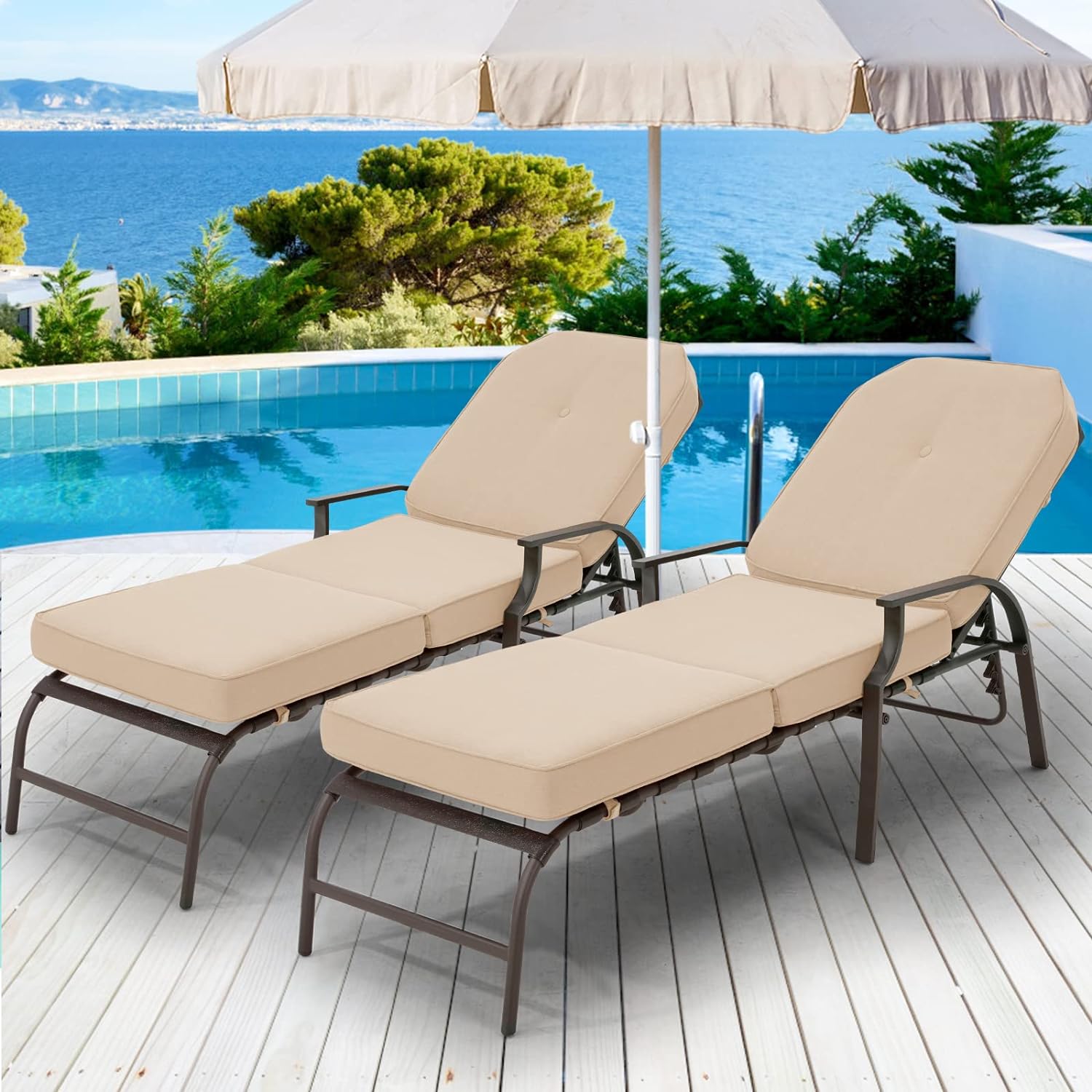 AECOJOY Lounge Chair, Outdoor Chaise Lounge with 5-Position Adjustable Backrest, Pool Chairs for Patio, Porch and Pool, Beige