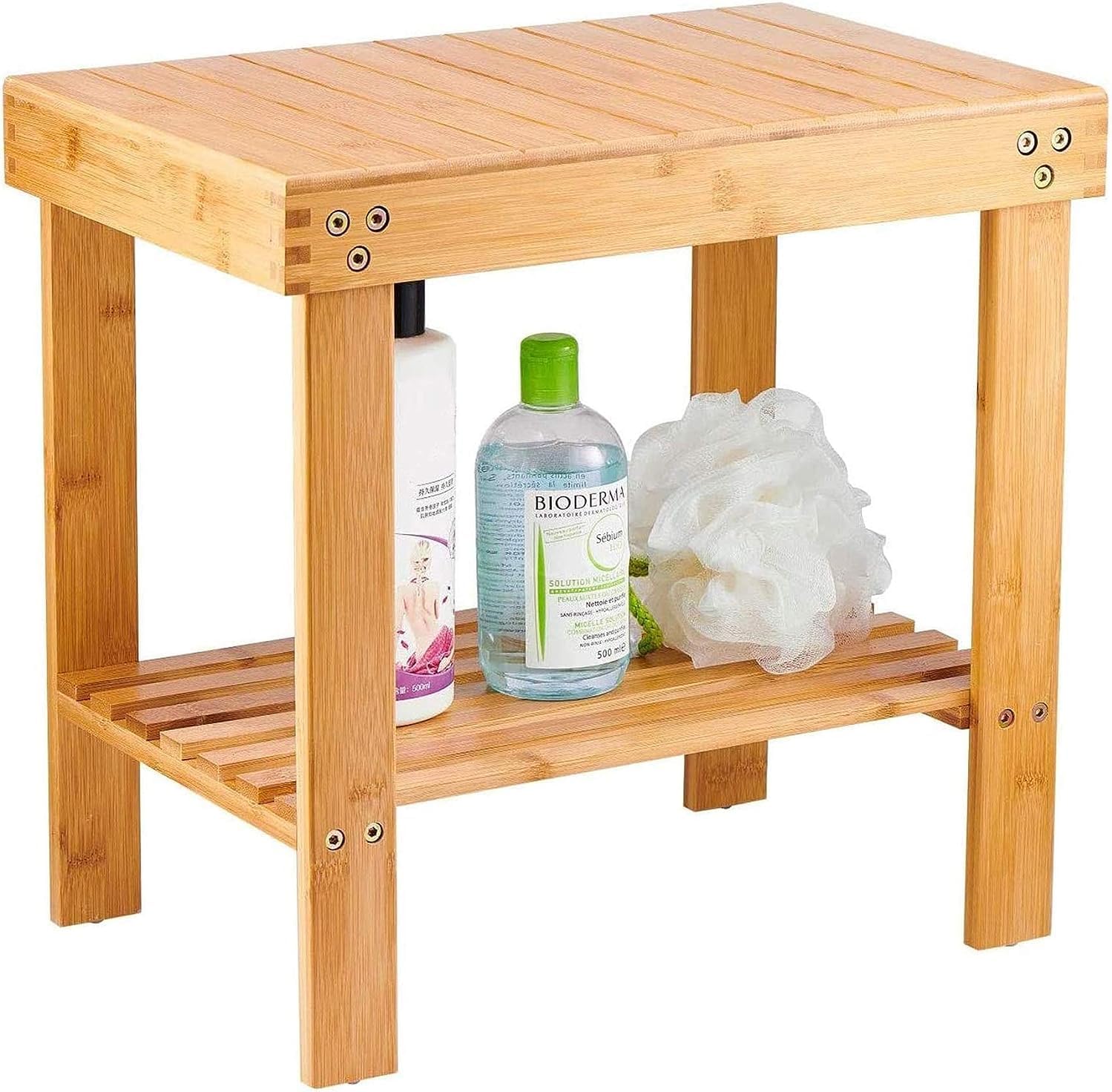 VaeFae Bamboo Spa Bench Wood Seat Stool Foot Rest Shaving Stool with Non-Slip Feets Storage Shelf for Shampoo Towel,Works in Bathroom/Living Room/Bedroom/Garden Leisure