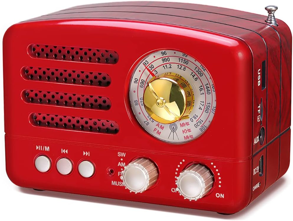 PRUNUS J-160 Small Retro Vintage Radio with Bluetooth, Portable Transistor Radio AM FM, Rechargeable Battery Operated, Support TF Card AUX USB MP3 Player (Red)