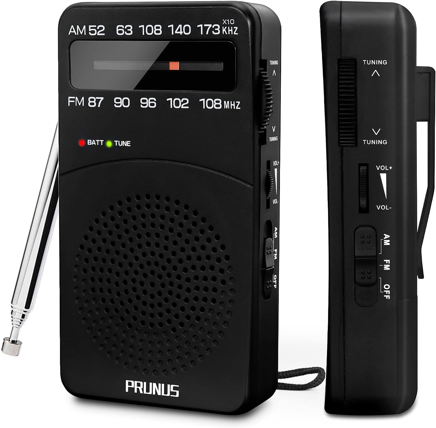 PRUNUS J-166 Portable Radio AM FM, Battery Operated with Tuning Light, Back Clip, Excellent Reception for Indoor & Outdoor Emergency Radio, FM Portable, Transistor