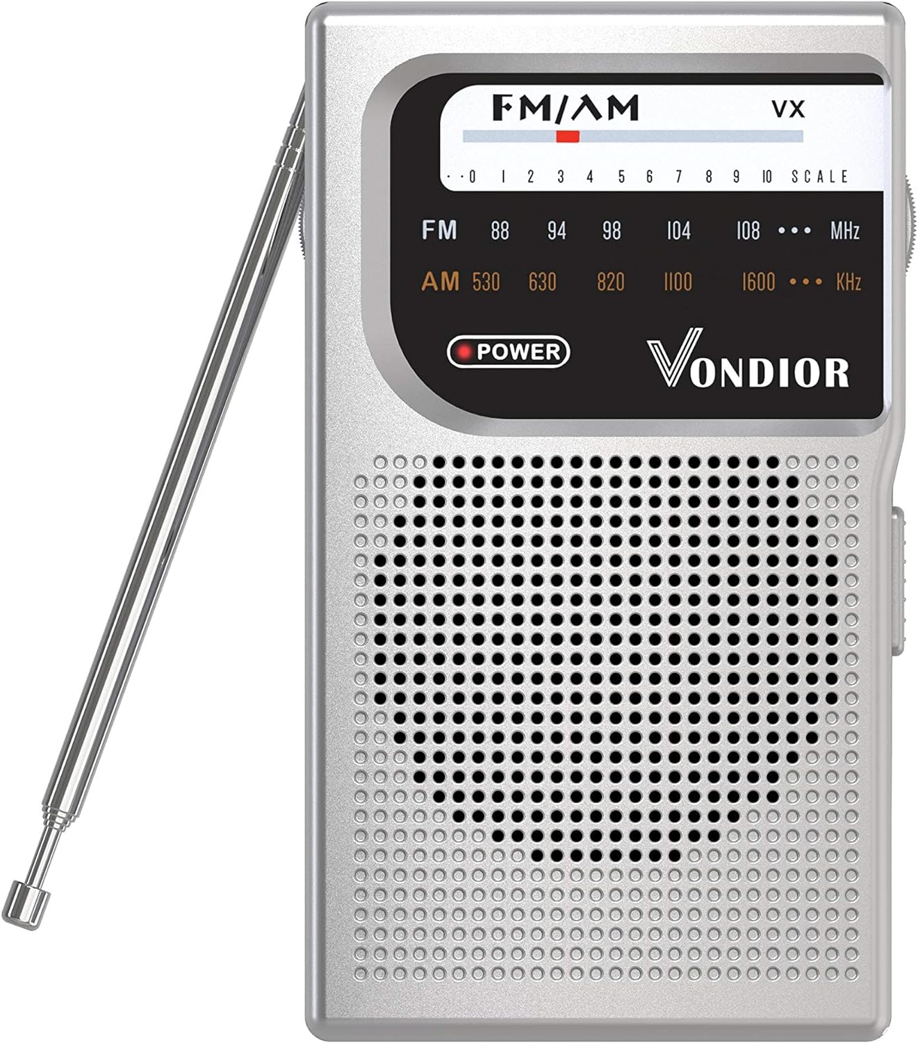 Vondior AM/FM Battery Operated Portable Pocket Radio - Best Reception and Longest Lasting. AM FM Compact Transistor Radios Player Operated by 2 AA Battery, Mono Headphone Socket, by Vondior (Silver)