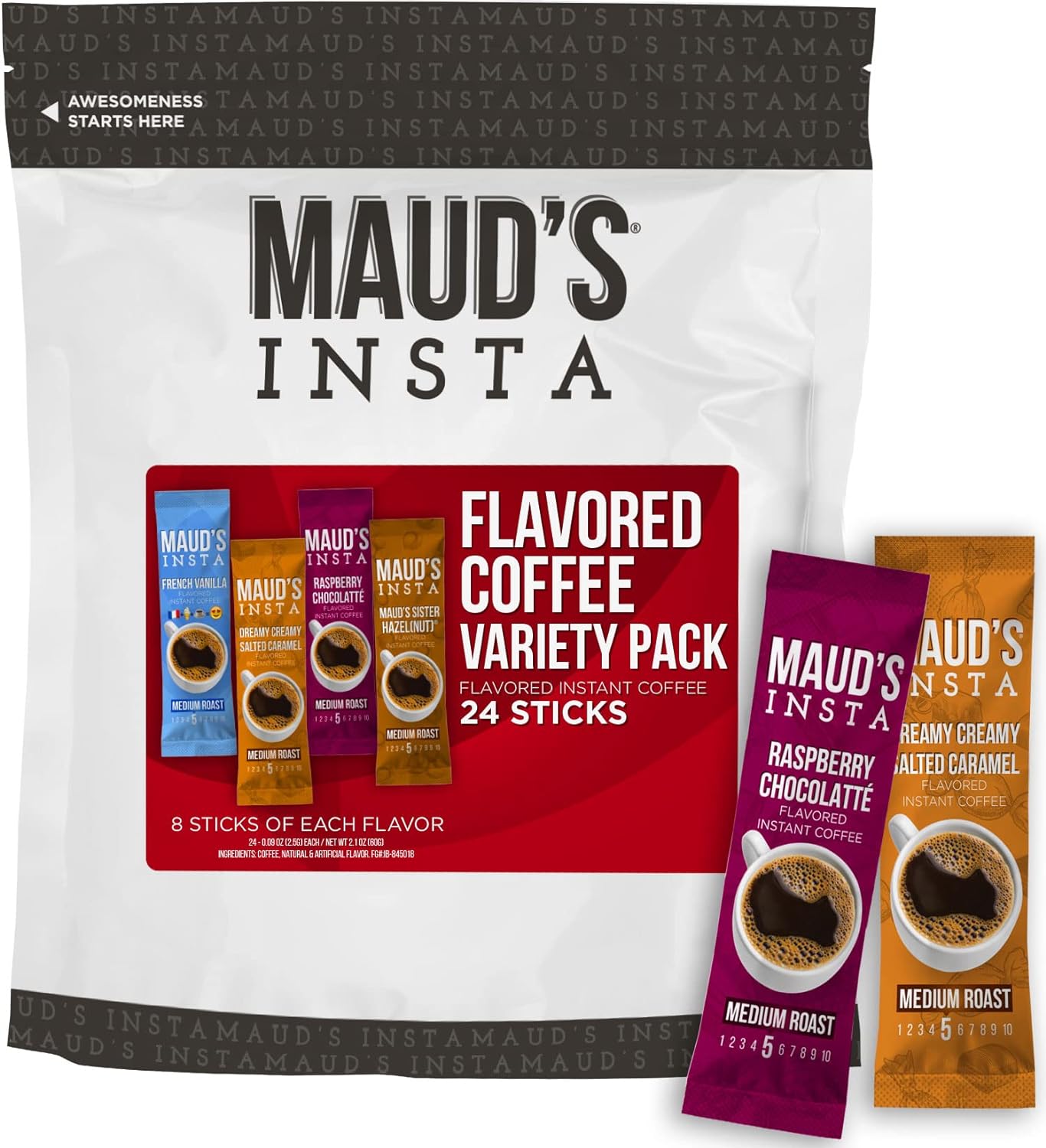 Maud' Flavored Coffee Variety Pack Instant Coffee Packets Single Serve, 24 ct | Caramel, Hazelnut, Rasberry, Vanilla | 100% Arabica Coffee Solar Energy Produced | Hot or Iced Instant Coffee Powder