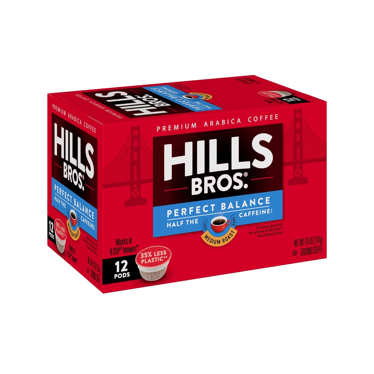 Hills Bros Single Serve Coffee Pods, Perfect Balance, Medium Roast Coffee, 12 Count-Keurig Compatible, Roasted Arabica Coffee Beans, Less Caffeine, Full-Body Flavor