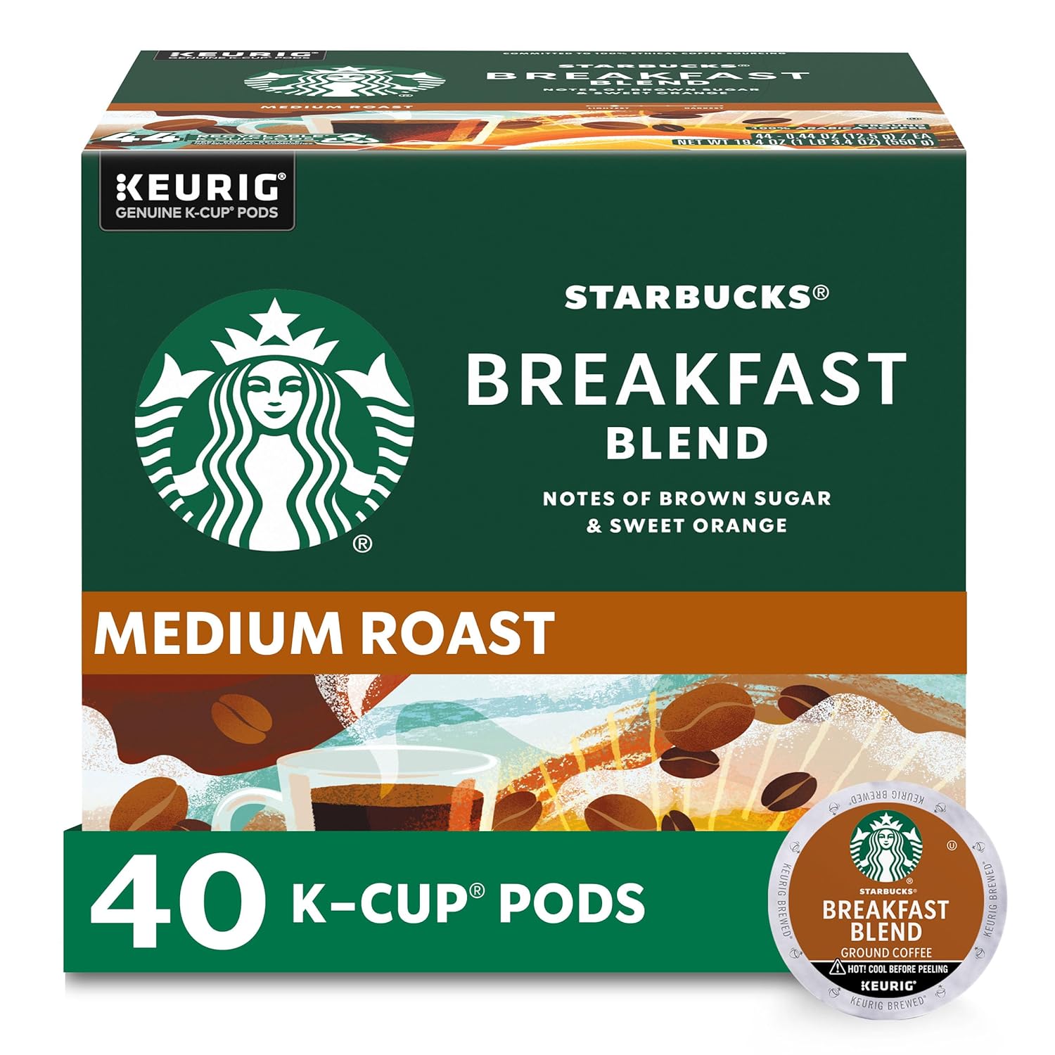 Starbucks Medium Roast K-Cup Coffee Pods  Breakfast Blend for Keurig Brewers  1 box (40 pods)