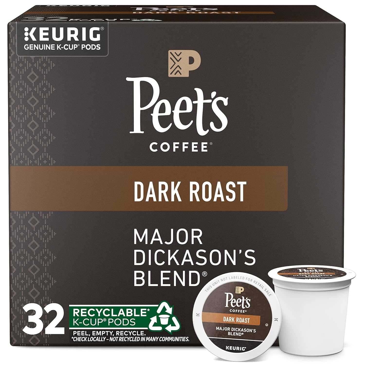 Peet' Coffee, Dark Roast K-Cup Pods for Keurig Brewers - Major Dickason' Blend 32 Count (1 Box of 32 K-Cup Pods)