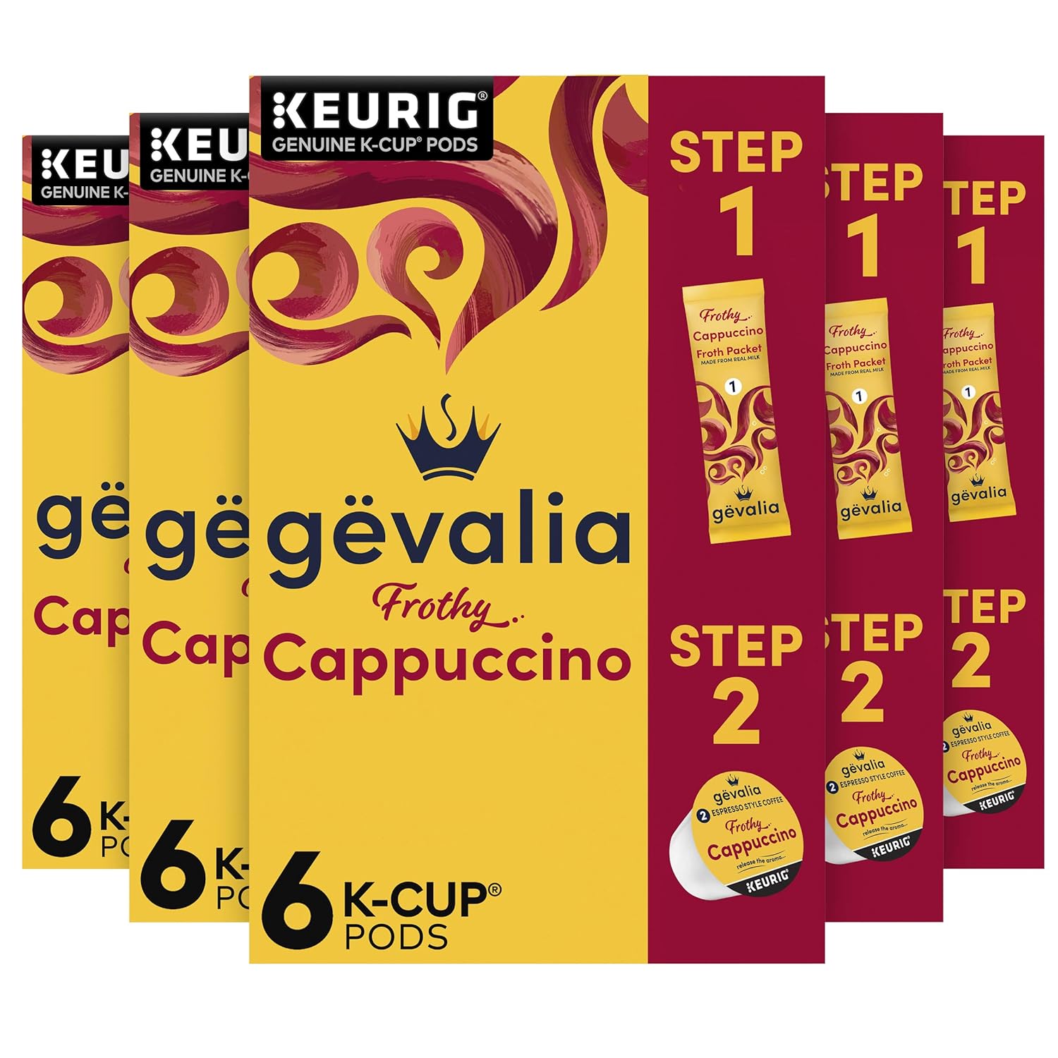 Gevalia Frothy 2-Step Cappuccino Espresso K Cup Coffee Pods & Froth Packets Kit (36 ct Pack, 6 Boxes of 6 Pods with Packets)