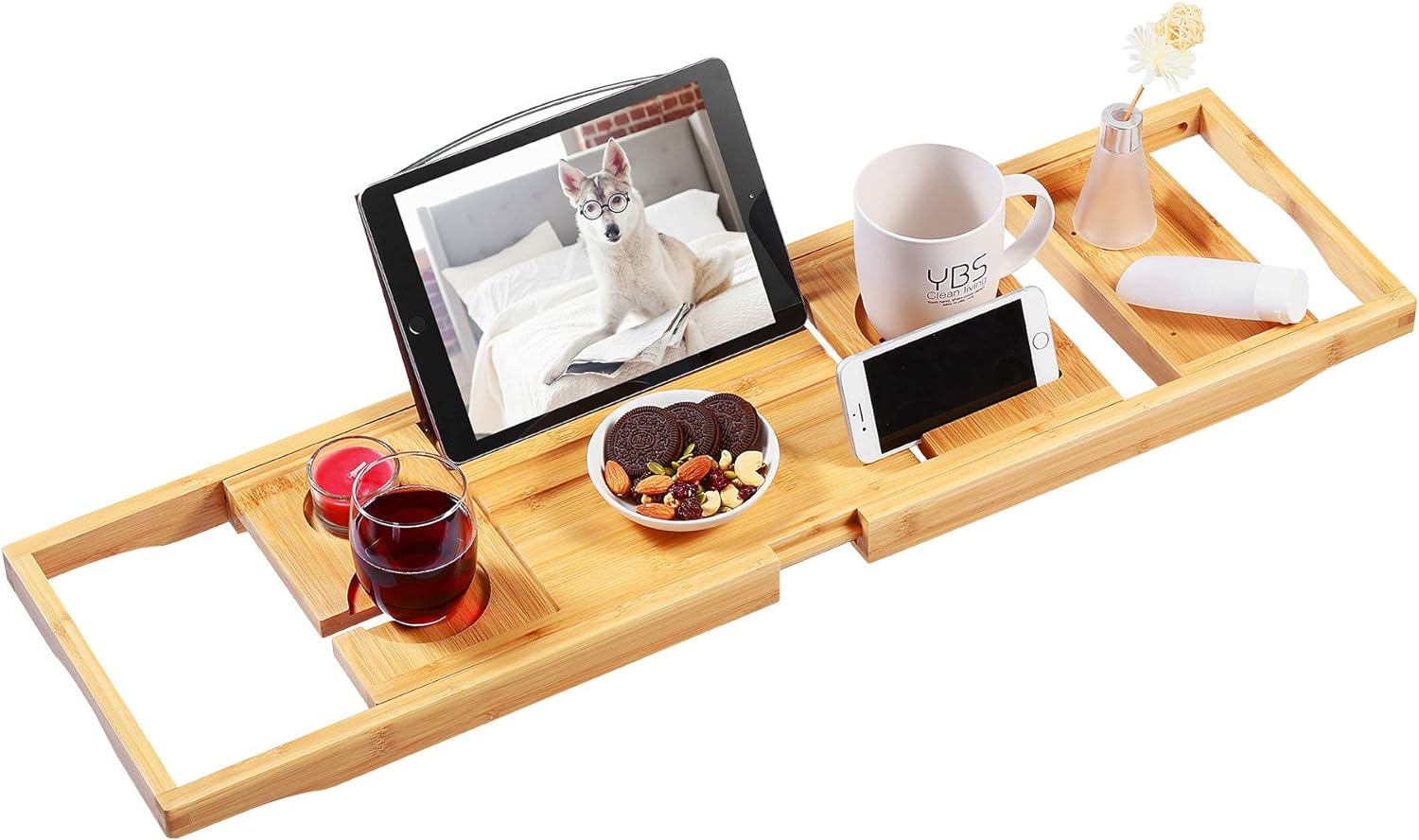 VaeFae Bamboo Bathtub Caddy Tray, Expandable Bath Tray for Tub with Upgraded Wine Slots and Book Holder - Ideal for One or Two Person Use