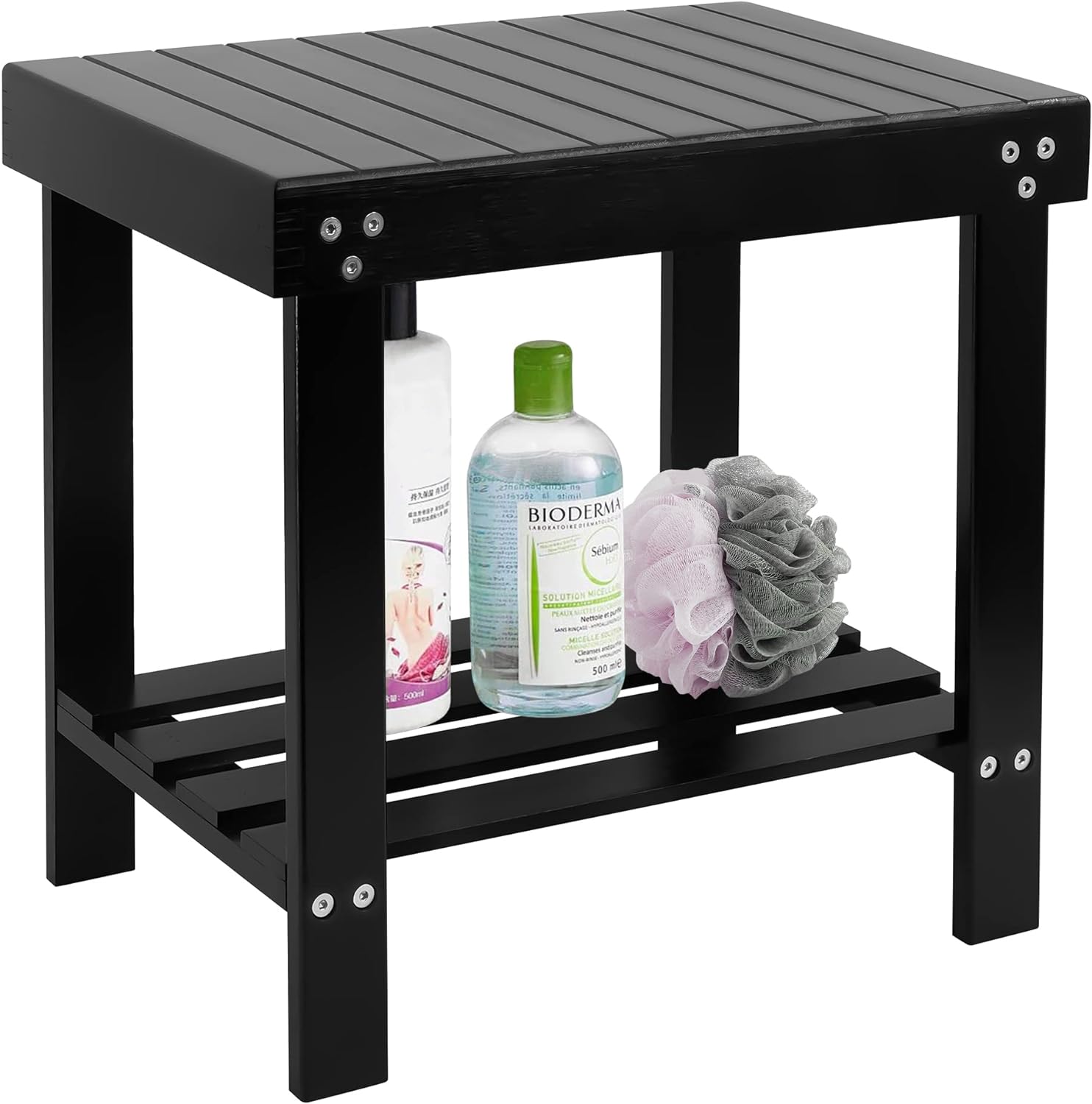 VaeFae Bamboo Spa Bench Wood Seat Stool Foot Rest Shaving Stool with Non-Slip Feets Storage Shelf for Shampoo Towel,Works in Bathroom/Living Room/Bedroom/Garden Leisure (Black)