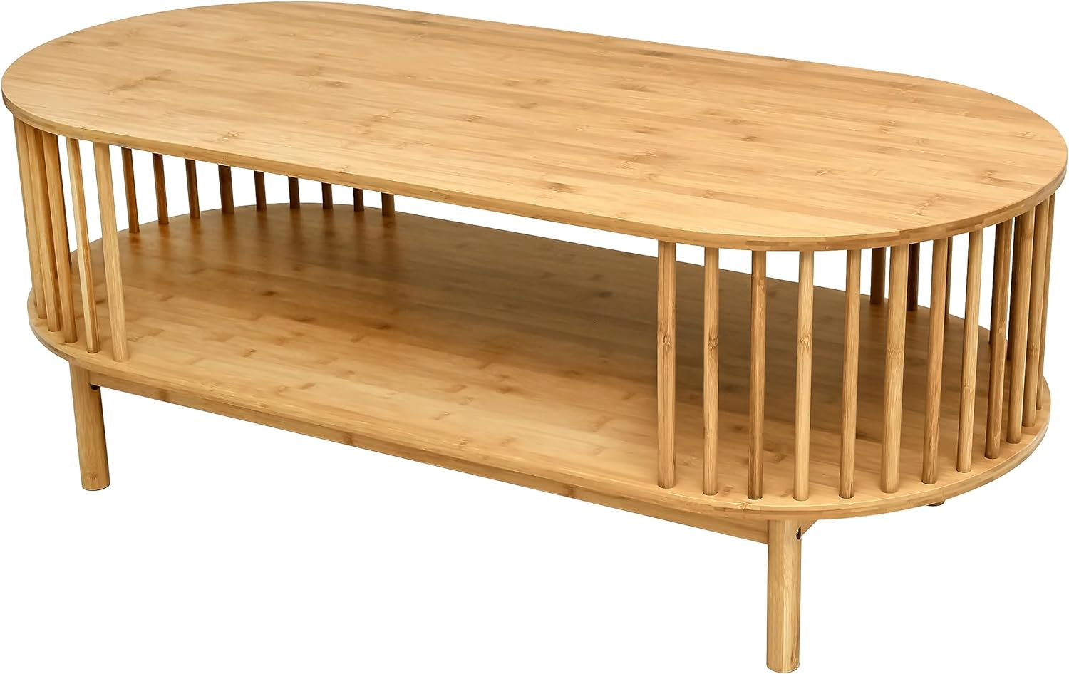 VaeFae Oval Coffee Table, Bamboo Coffee Table for Living Room, 2-Tier Wooden Farmhouse Center Table with Storage Shelf