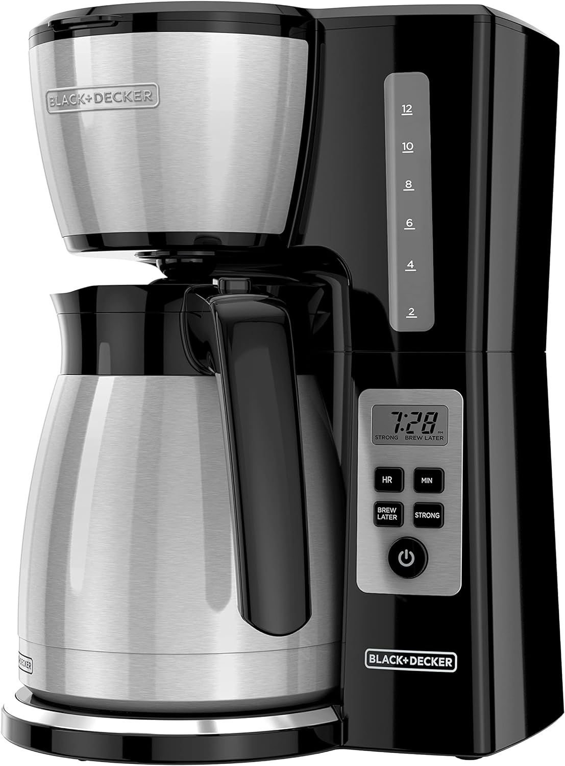 BLACK DECKER 12 Cup Thermal Programmable Coffee Maker with Brew Strength and VORTEX Technology, Black/Steel, CM2046S