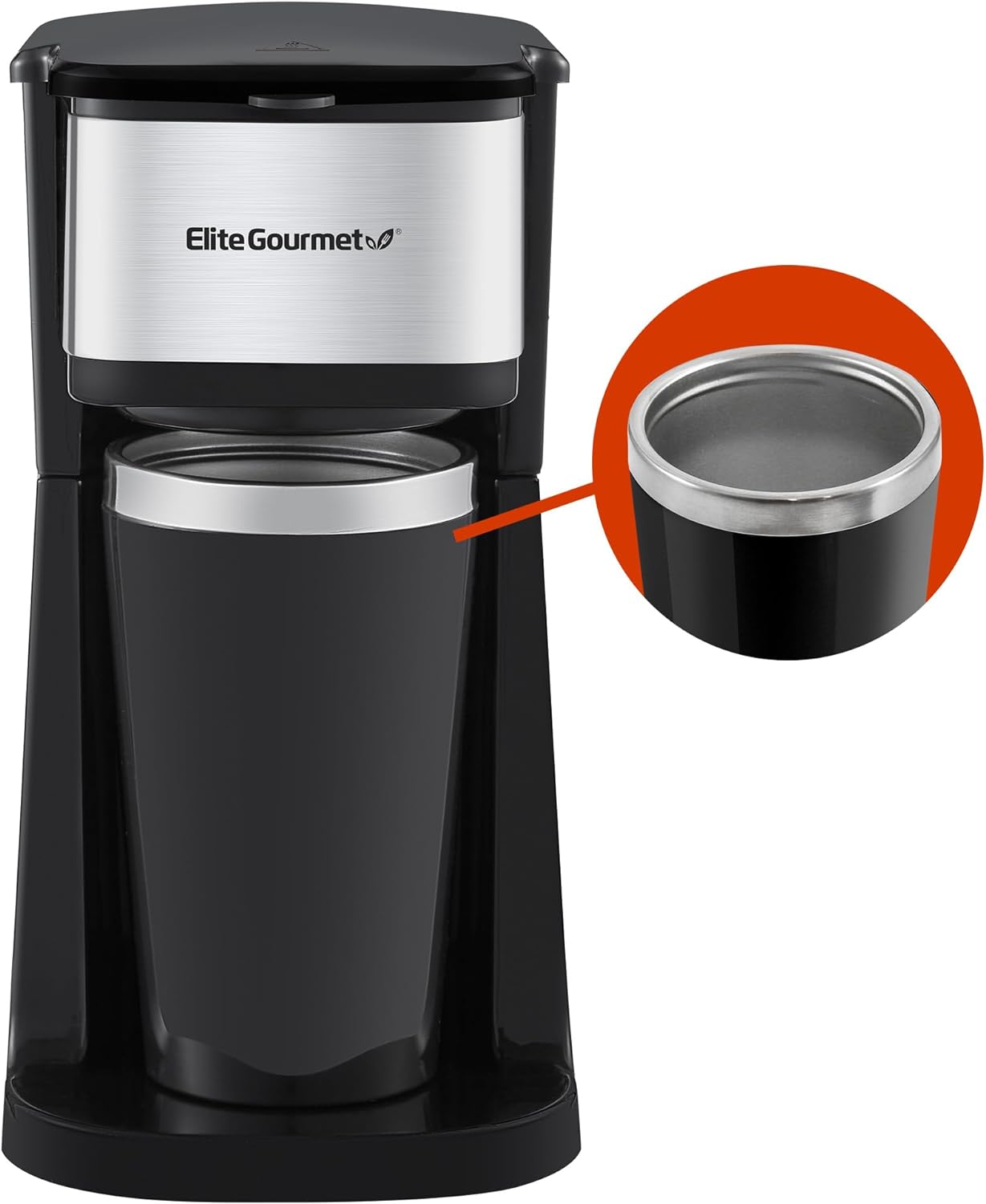 Elite Gourmet EHC114 Personal Single-Serve Compact Coffee Maker Brewer Includes 14Oz. Thermal Travel Mug with Stainless Steel Interior, Compatible with Coffee Grounds, Reusable Filter, Black