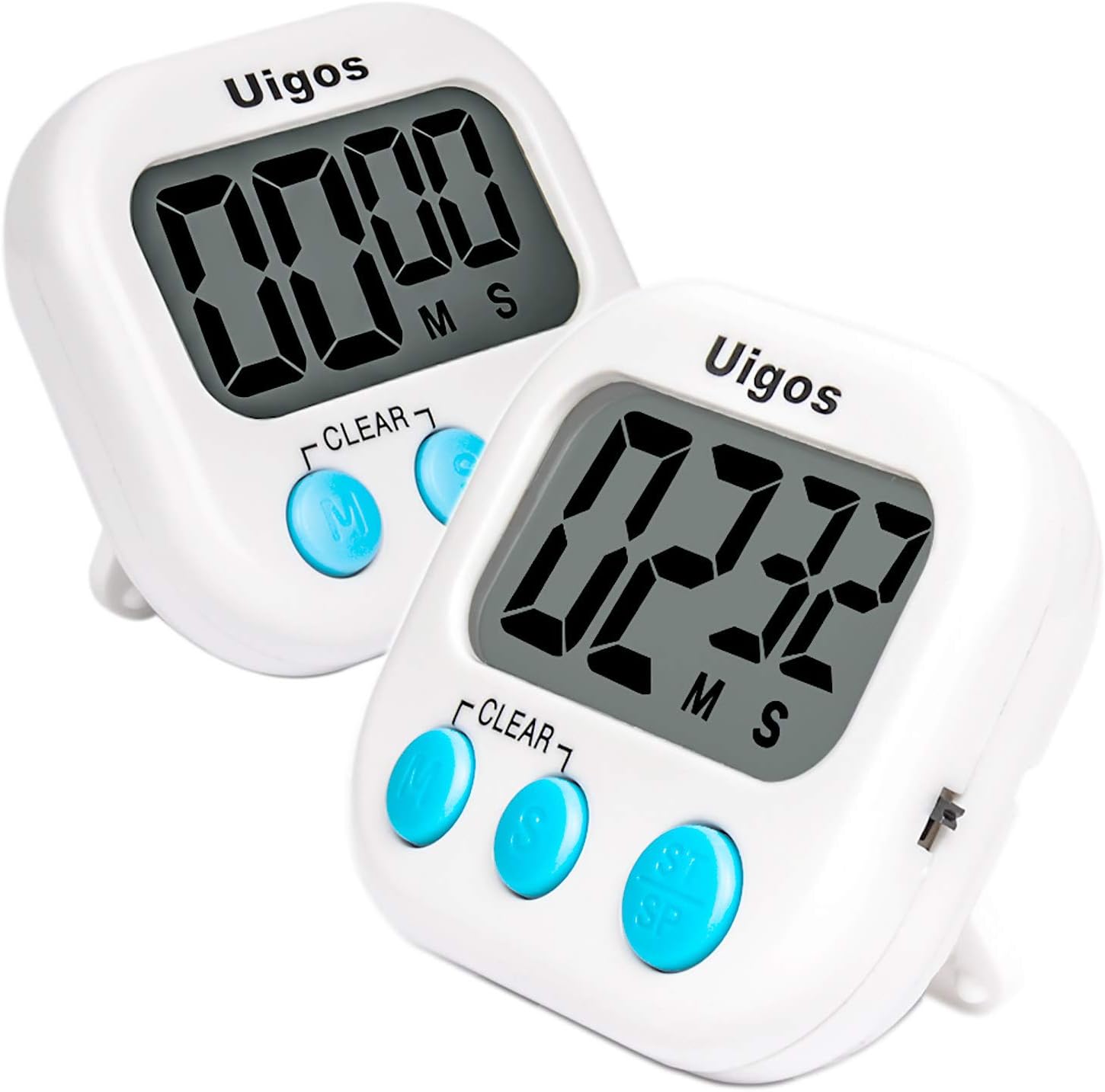 Uigos 2 Pack Digital Kitchen Timer II 2.0, Big Digits, Loud Alarm, Magnetic Backing, Stand, for Cooking Baking Sports Games Office (White) (2 Pack)