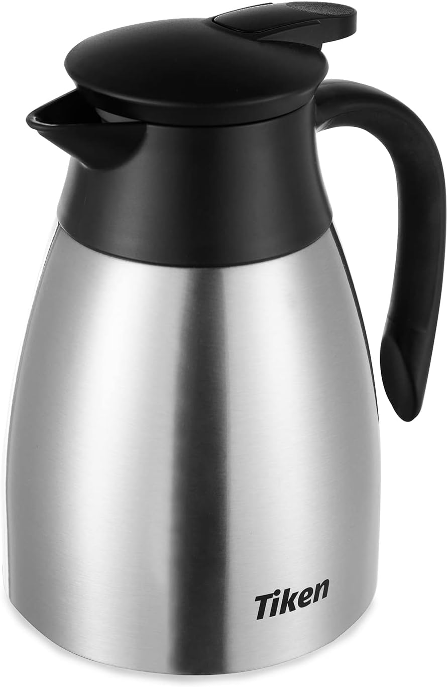 Tiken 34 Oz Thermal Coffee Carafe, Stainless Steel Insulated Vacuum Coffee Carafes For Keeping Hot, 1 Liter Beverage Dispenser (Silver)