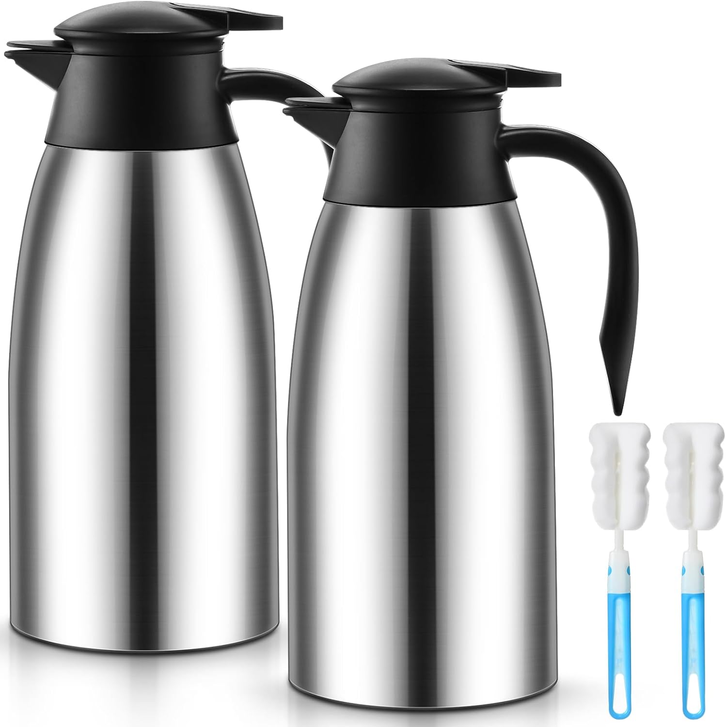 Norme 2 Pcs 68 oz Thermal Coffee Carafe Insulated Stainless Steel Coffee Carafe for Hot Liquids Vacuum Thermal Pot Creamer Carafe Dispenser with Brushes Keeping Hot 12 Hours(Silver)