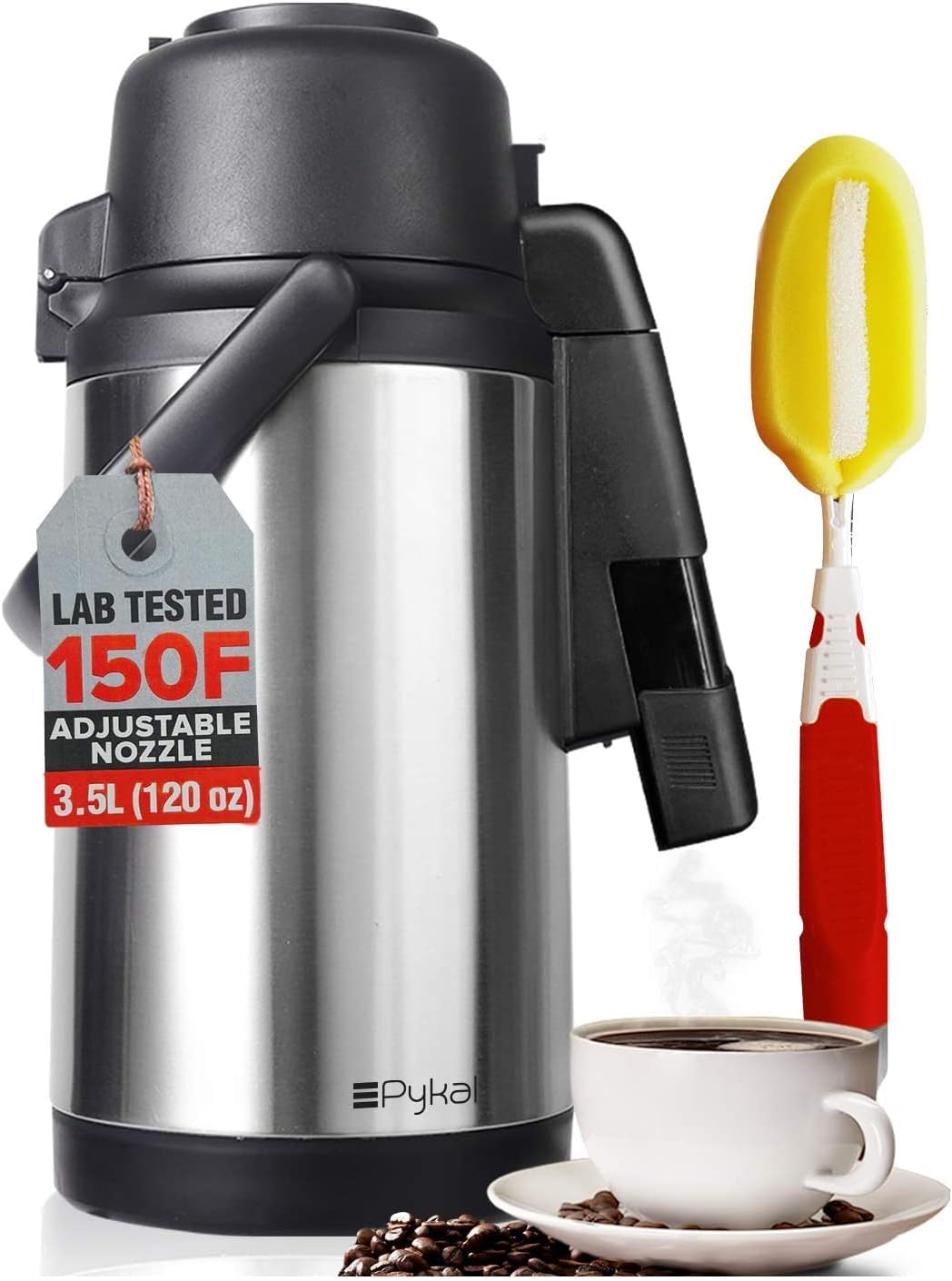 SplashProof Coffee Carafe Airpot Dispenser - with Adjustable Nozzle | 120 oz Capacity | Lab Tested 8 hour > 150F Heat Retention | Premium Grade Rust Resistant double wall stainless steel by Pykal