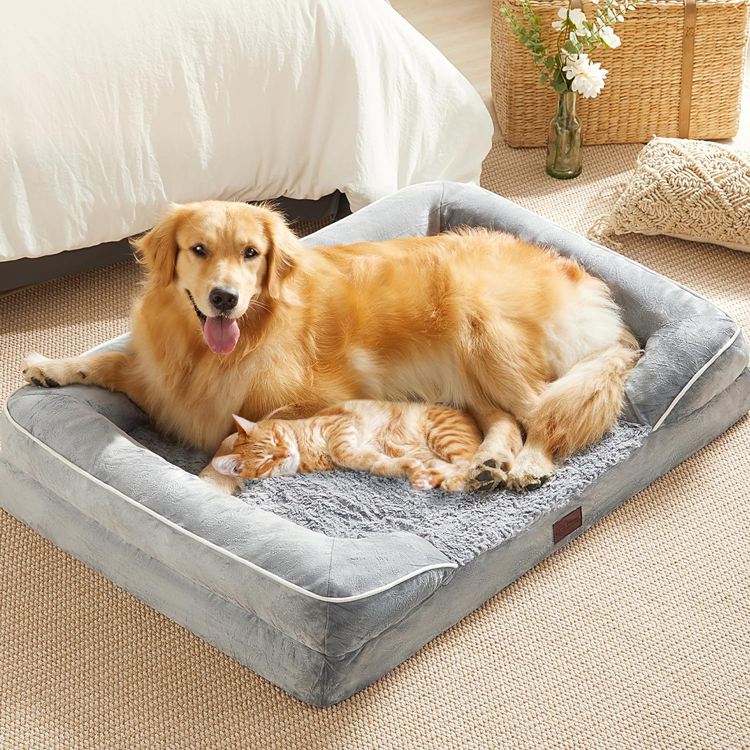 Western Home Washable Dog Beds for Large Dogs, Orthopedic Dog Bed with Bolster, Memory Foam Dog Couch Bed with Removable Cover, Waterproof Dog Beds for Medium/Large Dogs Up to 90 Lbs